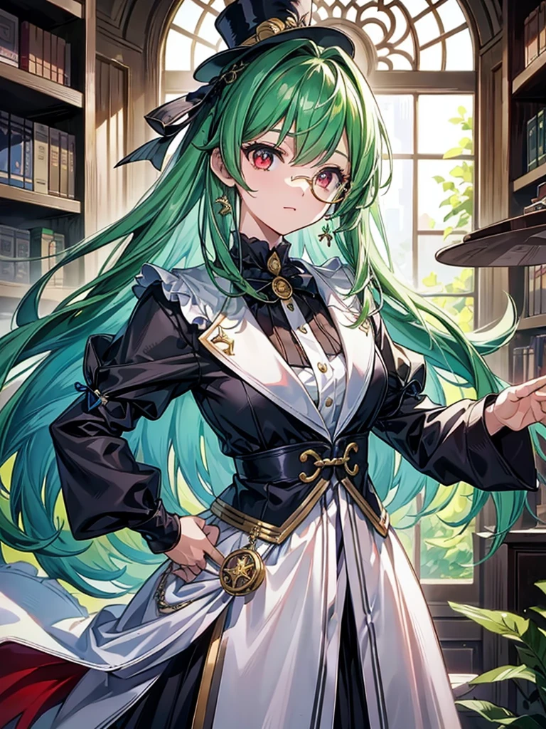 （（（masterpiece、Highest image quality、highest quality、highly detailed unity 8ｋwallpaper）））、（（Illustration of one girl、upper body））、（（（beautiful girl）））、（librarian）、（Emerald green hair、sidelocks：1.2、red eyes、crazy smile）、（（（flat chest）））、（monocle）、pocket watch、（（（Black top hat、tuxedo）））、great medieval library