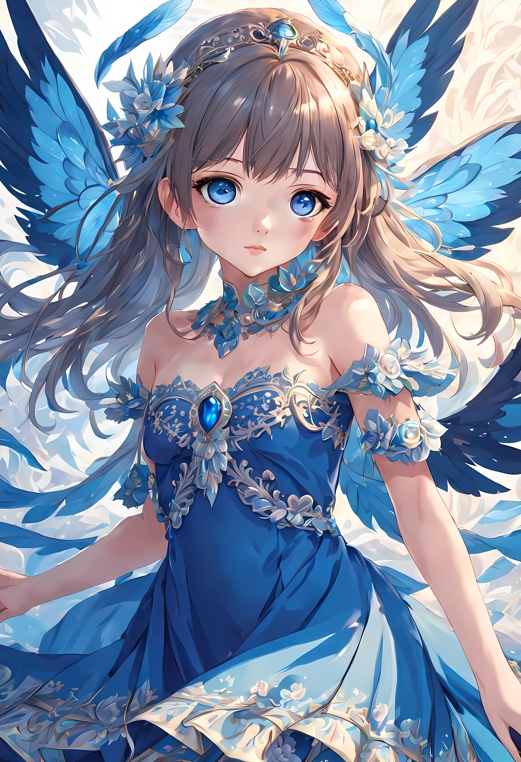 (perfect face:1.3),anime girl with spreading blue wings and fluttering blue dress, (bright eyes),(divinity),detailed digital anime art, 8k high quality detailed art, anime fantasy illustration, beautiful fantasy anime, anime fantasy artwork, (intricate ornate anime cgi style:1.2)