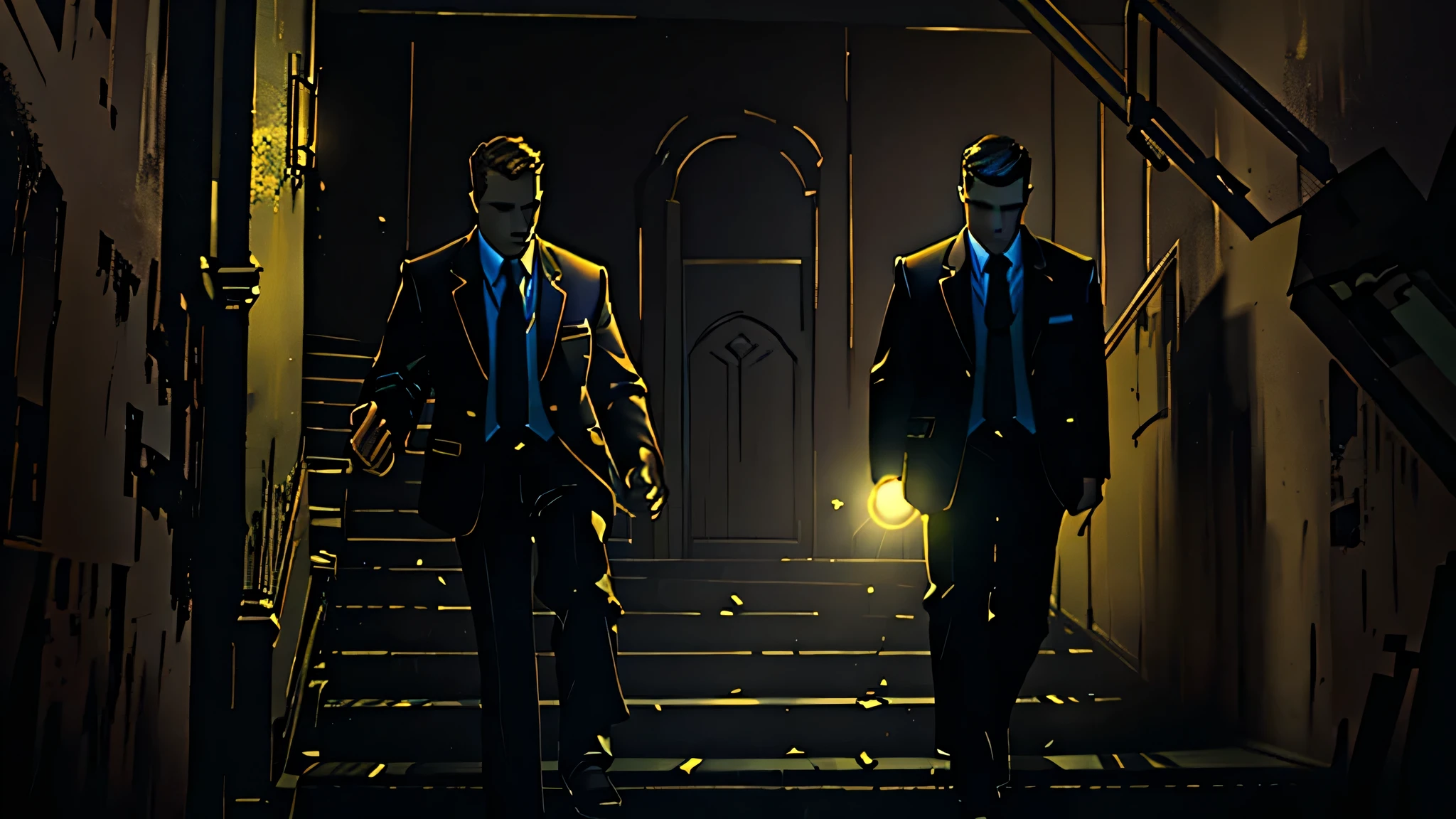 Image representing two men in suits with a flashlight in their hands descending a staircase in a very dark basement. Minimal lighting only highlights shadowy details, accentuating the feeling of desolation and mystery. The scene must convey a tense and unpleasant atmosphere.