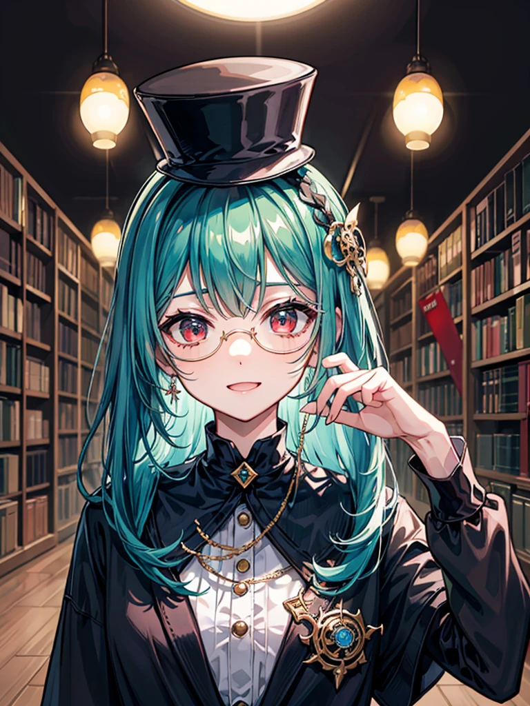 (((masterpiece、Highest image quality、highest quality、highly detailed unity 8kwallpaper)))、((Illustration of one girl、upper body))、(((beautiful girl)))、(librarian)、(Emerald green hair、sidelocks:1.2、red eyes、crazy smile)、(((flat chest)))、(monocle)、pocket watch、(((Black top hat、tuxedo)))、great medieval library