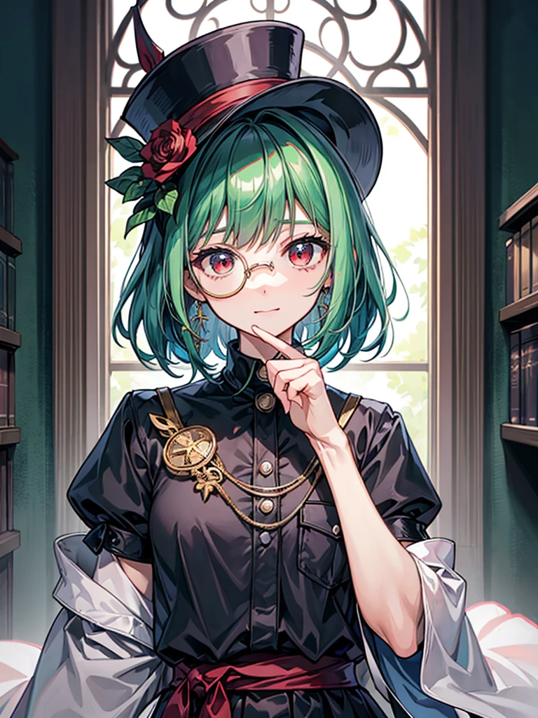 (((masterpiece、Highest image quality、highest quality、highly detailed unity 8kwallpaper)))、((Illustration of one girl、upper body))、(((beautiful girl)))、(librarian)、(Emerald green hair、sidelocks:1.2、red eyes、crazy smile)、(((flat chest)))、(monocle)、pocket watch、(((Black top hat、tuxedo)))、great medieval library