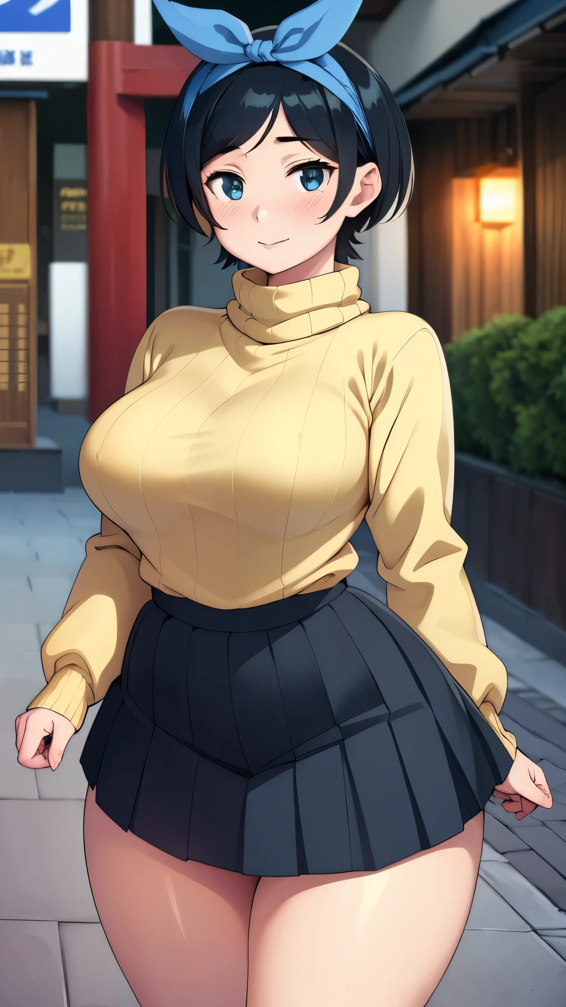 ((Masterpiece)), perfect anatomy, perfect shading, field of depth, (best quality), extremely delicate and beautiful, perfect lighting, detailed face, ultra cute face, cute, (cowboy shot 1.2), (((1girl))), ((solo)), looking at viewer,

((((Sarashina Ruka)))), ((blue hairband)), ((tan turtleneck sweater)), ((black pleated skirt)), ((blush)) sweet smile, medium breasts, perky breasts, (wide hips), ((thick thighs)), 

Japanese city, street, intricate background, detailed background, standing, 
