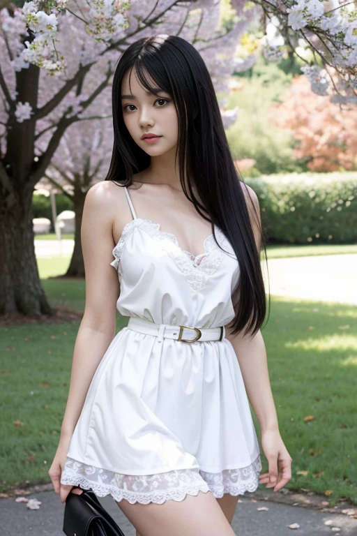 masterpiece++, best quality++, ultra-detailed+, extremely detailed++, 4K, 8K+, best quality, beautiful+, anime style,1person,full body image,summer,park,white lacefrill mini slipdress,narrow leather belt bound waist,beautiful straight black hair,beautiful black eyes, beautiful eyes++,long straight hair