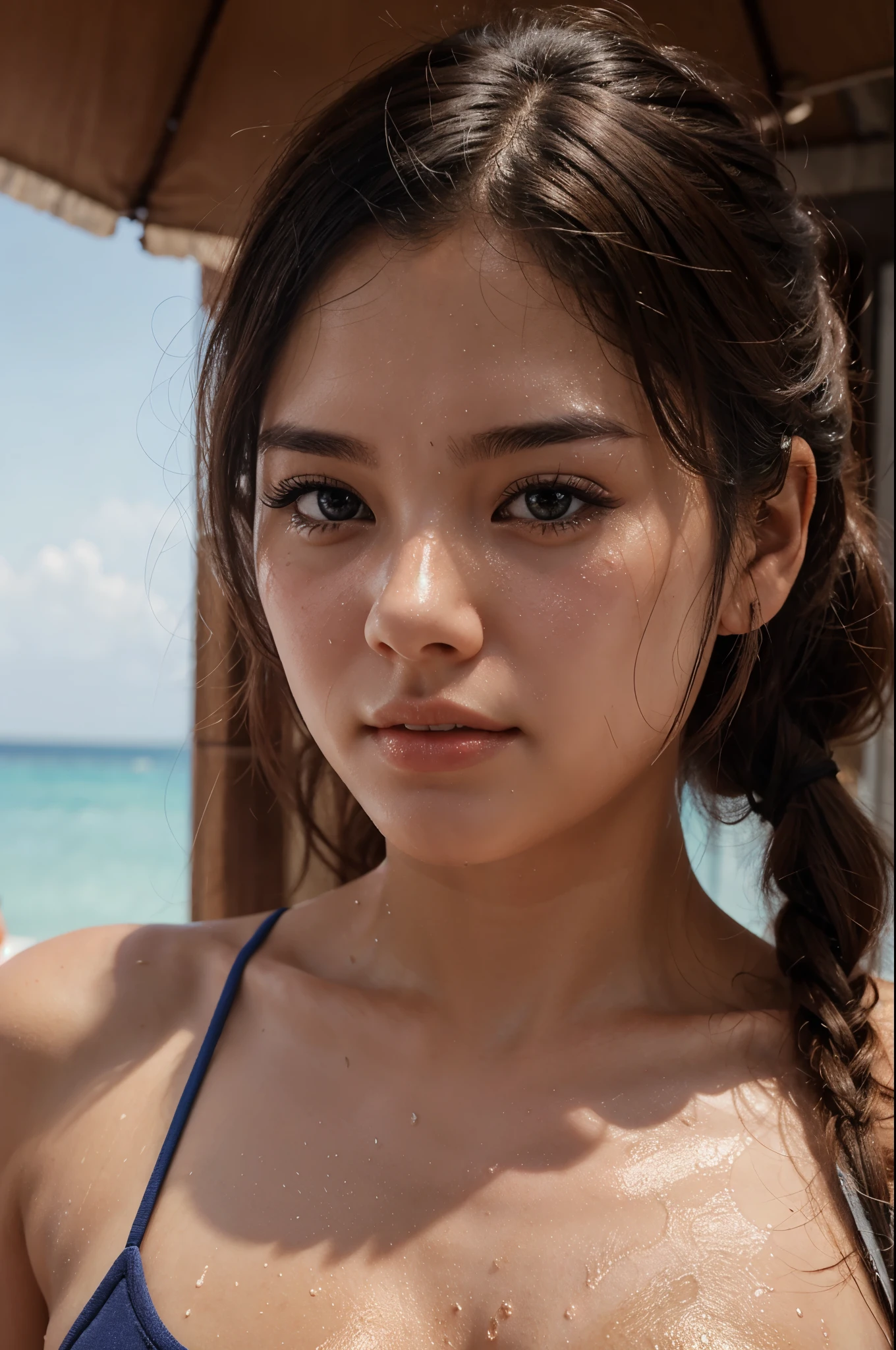 A yong beautiful gril .sweat on body.realistic.3D
