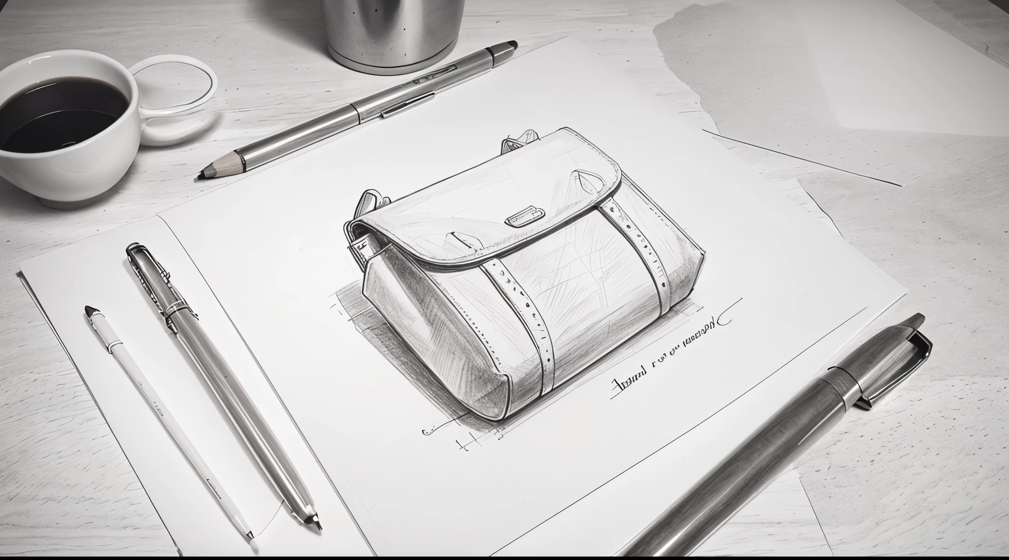 Generate an aerial view sketch of a handbag drawn with a pencil on white paper placed on a table. Emphasize the contours and details of the handbag, and convey the texture of the paper and table surface. Capture the essence of the creative process with a pencil sketch.
