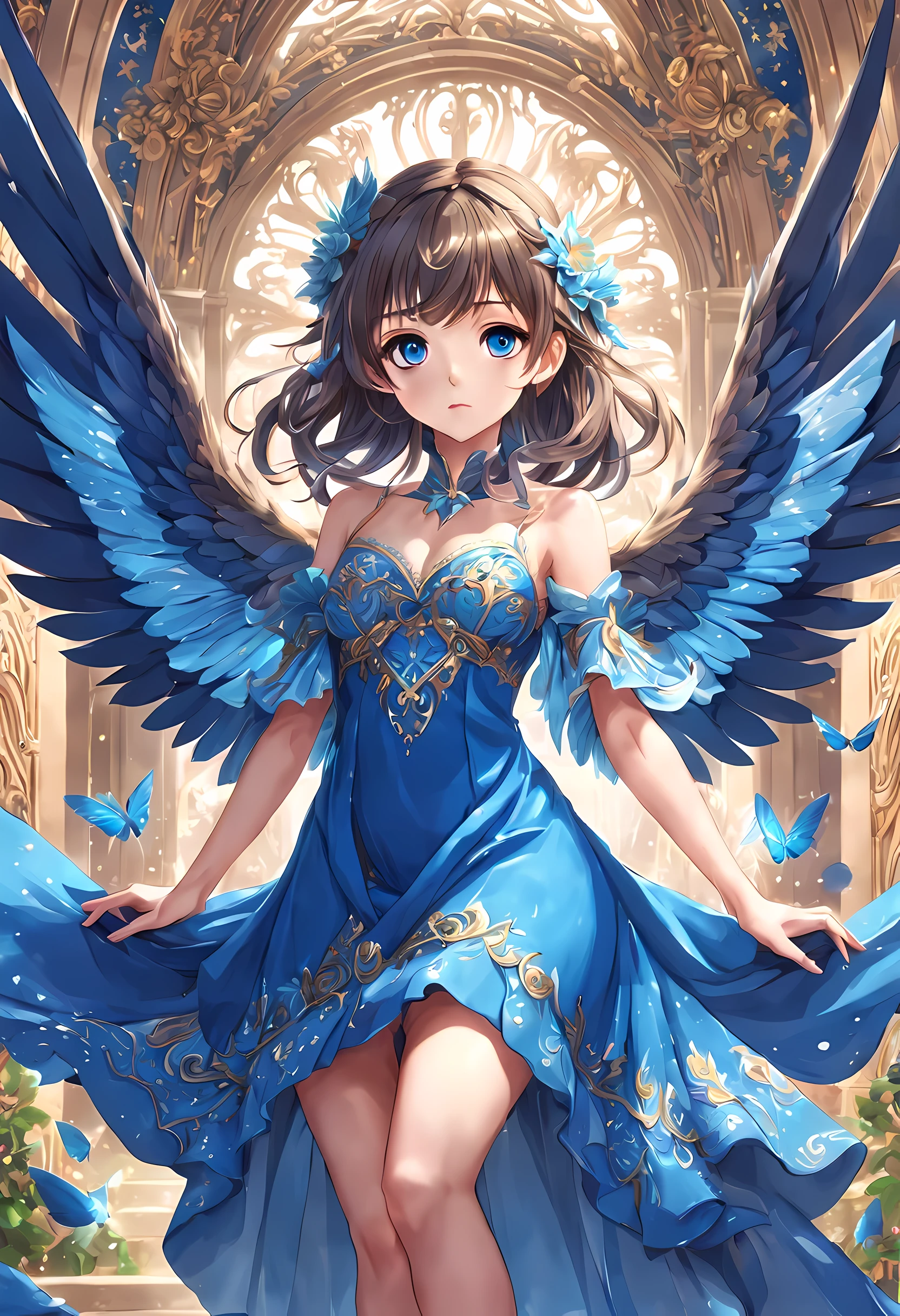 (perfect face:1.3),anime girl with spreading blue wings and fluttering blue dress, (bright eyes),(divinity),detailed digital anime art, 8k high quality detailed art, anime fantasy illustration, beautiful fantasy anime, anime fantasy artwork, (intricate ornate anime cgi style:1.2)