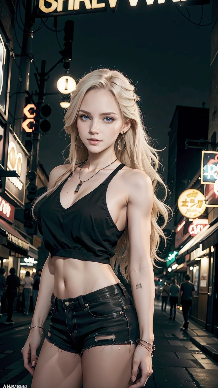 22 year old white female、Hair color is platinum blonde、blue eyes、long hair、straight hair、The ends of the hair are wavy、accessories on wrist、wearing a necklace、has earrings、skin is smooth、Slender but muscular body、smile、Wearing a sleeveless black high-neck zipper-up top、wearing skinny jeans、I'm in a narrow alley in a restaurant district at night with neon lights shining.