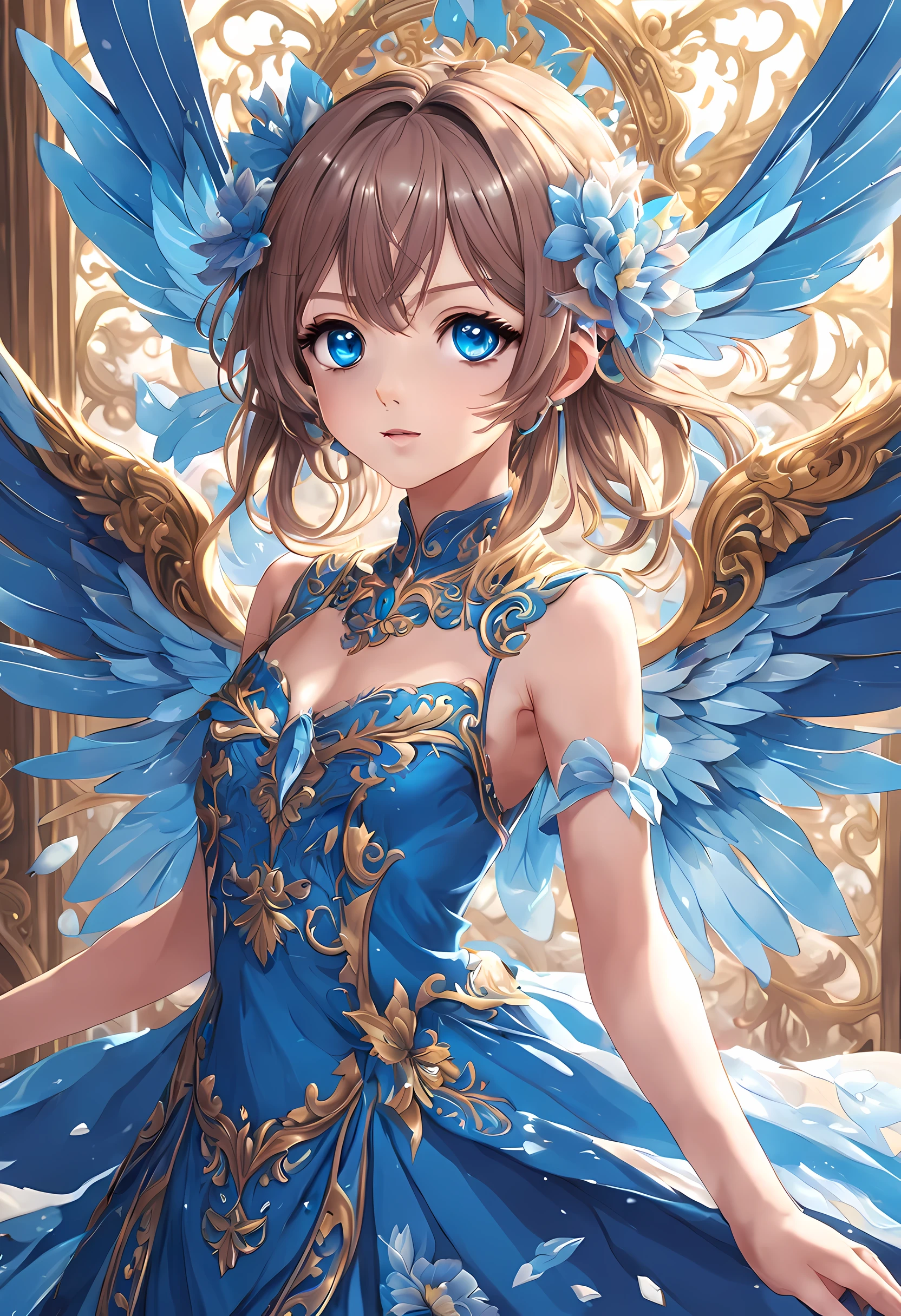 (perfect face:1.3),anime girl with spreading blue wings and fluttering blue dress, (bright eyes),(divinity),detailed digital anime art, 8k high quality detailed art, anime fantasy illustration, beautiful fantasy anime, anime fantasy artwork, (intricate ornate anime cgi style:1.2)