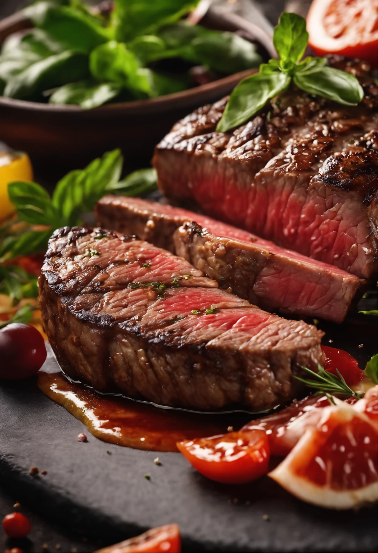 A steak, full of juice, looks delicious, looks tasty and full of flavor, 8k, high detail