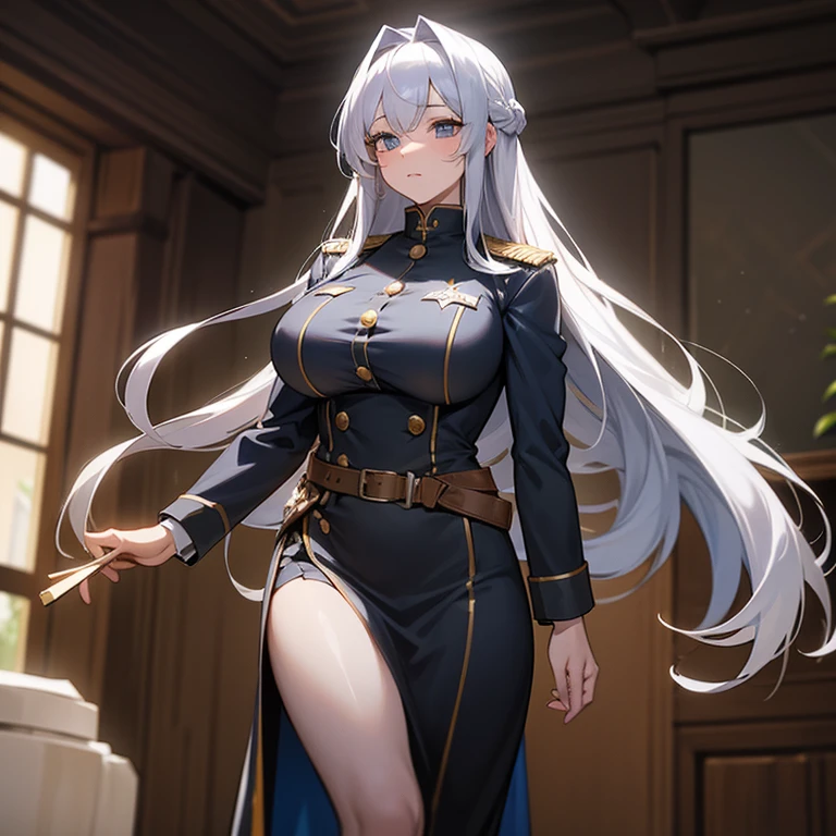 （masterpiece,8K）A long shot of a beautiful girl with long silver hair and large bust standing in military uniform.