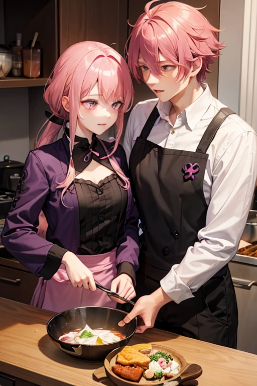 A pink haired handsome male reaper with violet eyes is teaching a pink haired girl with ruby eyes how to cook