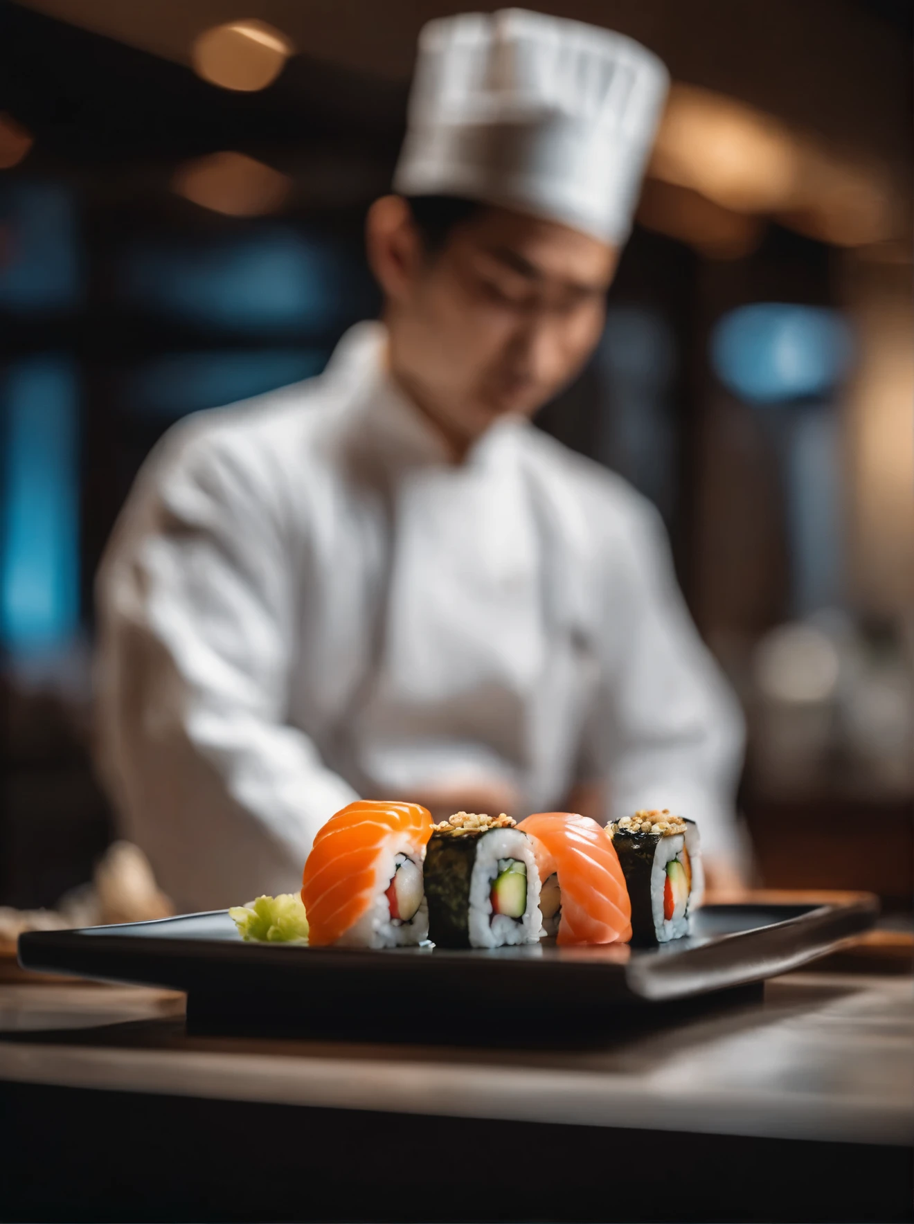 premium sushi in luxury restaurant, picture focus on sushi dish, depth of field style, blurry background has Japanese chef and staff in uniform of Japanese style, color white and light blue uniform, light warm 