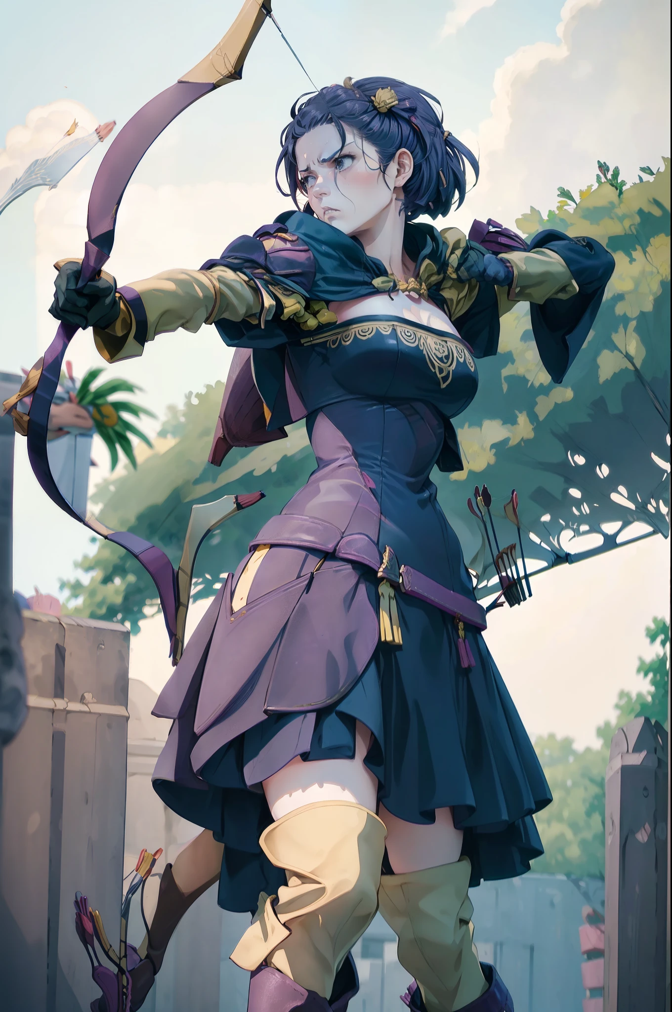 masterpiece, best quality, warBernie, purple dress, cleavage, hair bow, yellow gloves, purple boots, standing, furrowed brow, serious, BowAiming, bow \(weapon\), aiming,  shooting arrow with a longbow