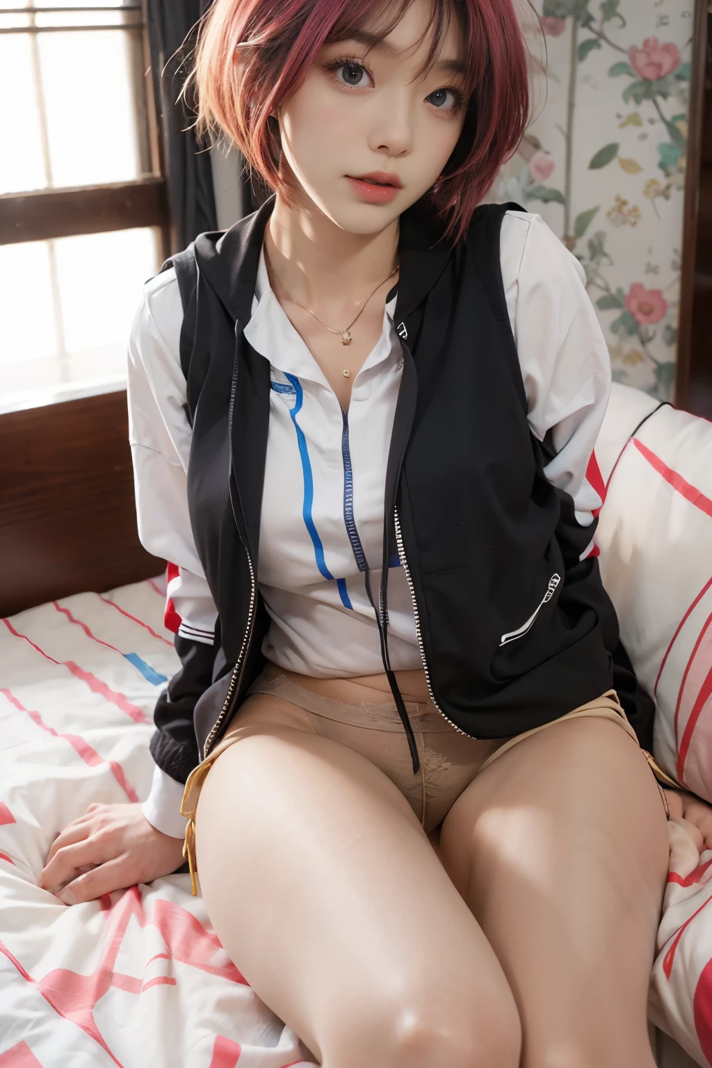 20yo woman, (masterpiece: 1.4), (8K, reality, original photo, best quality: 1.4), Japan, (1 girl), beautiful face, (Real faces: 1.4), (pink hair, short hair: 1.3), hairstyle, Realistic blue eyes, beautiful details eyes, (reality皮肤: 1.3), beautiful skin, Attractive, ultra high resolution, Super realistic, HD, golden ratio, (Detailed face: 1.4), (Japan演员: estuary), Sheer vest,粉色short hair,White透明,White,NSFW,big,big屁股强调,The nipple areola is clearly shaped,looking into camera,Sitting on the sofa,pubic shape is transparent and clear,posture(Bend your knees and legs open)