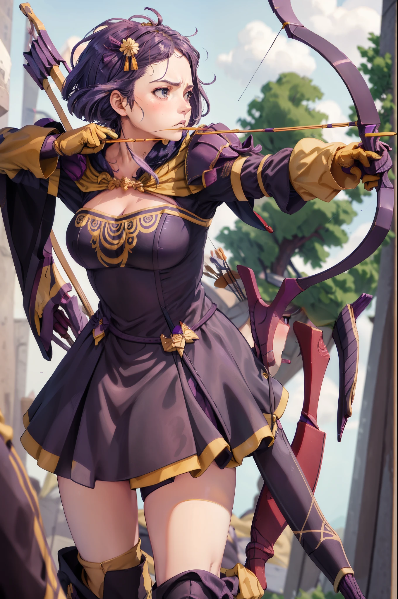 masterpiece, best quality, warBernie, purple dress, cleavage, hair bow, yellow gloves, purple boots, standing, furrowed brow, serious, BowAiming, bow \(weapon\), aiming,  shooting arrow with a longbow