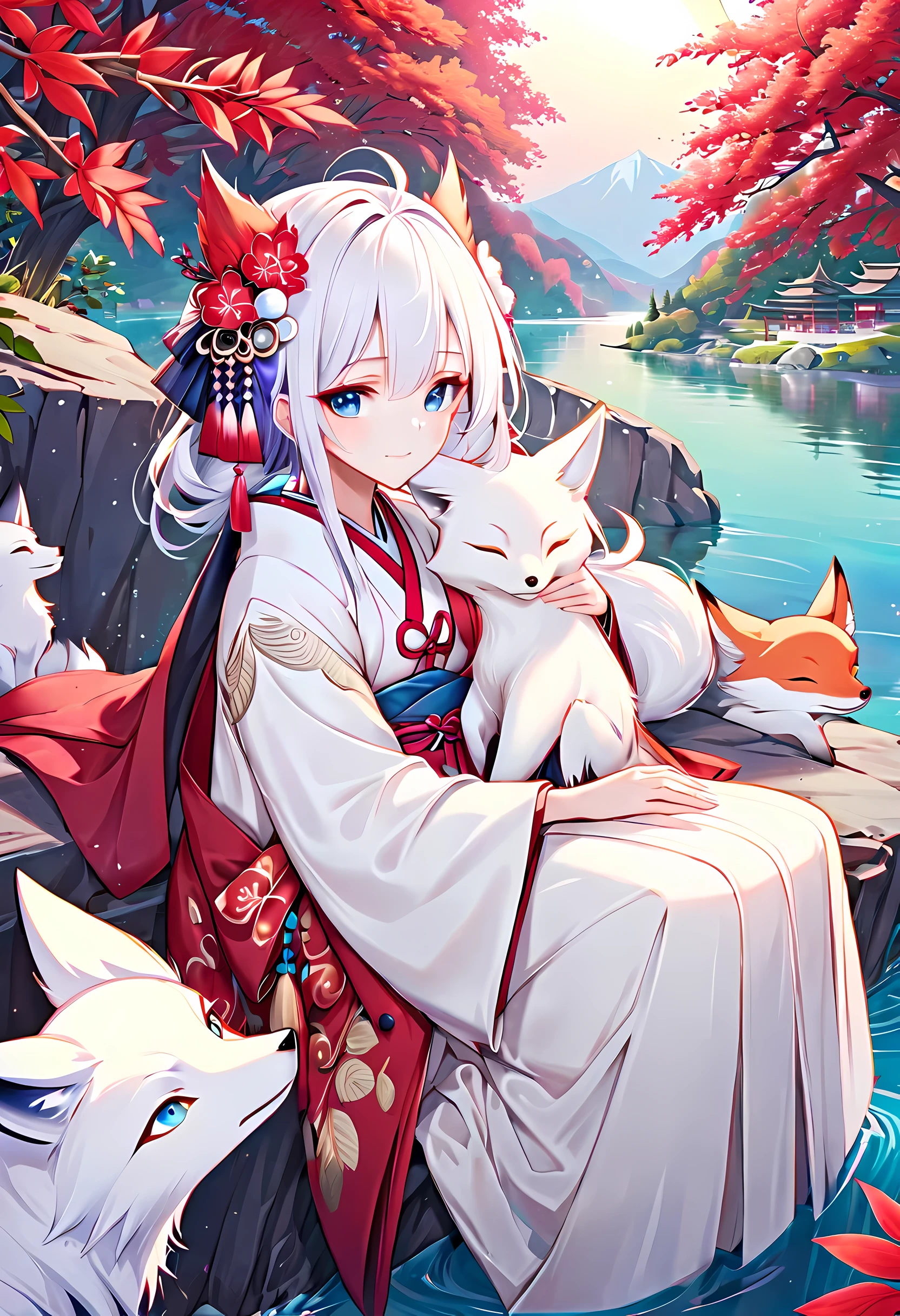 (better quality,masterpiece,high detailed),(perfect face:1.5),anime girl sitting on a rock with a huge crescent moon in the background, sleeping white - haired fox,lake,(bright highlighted eyes:1.5),(red leaves:1.5),(detailed wafuku),medium shot,anime art wallpaper 8 k, anime art wallpaper 4k, anime style 4 k, kitsune, onmyoji detailed art, anime wallpaper 4 k,a beautiful fox lady, fox nobushi, onmyoji detailed art, white haired deity,  white fox anime,