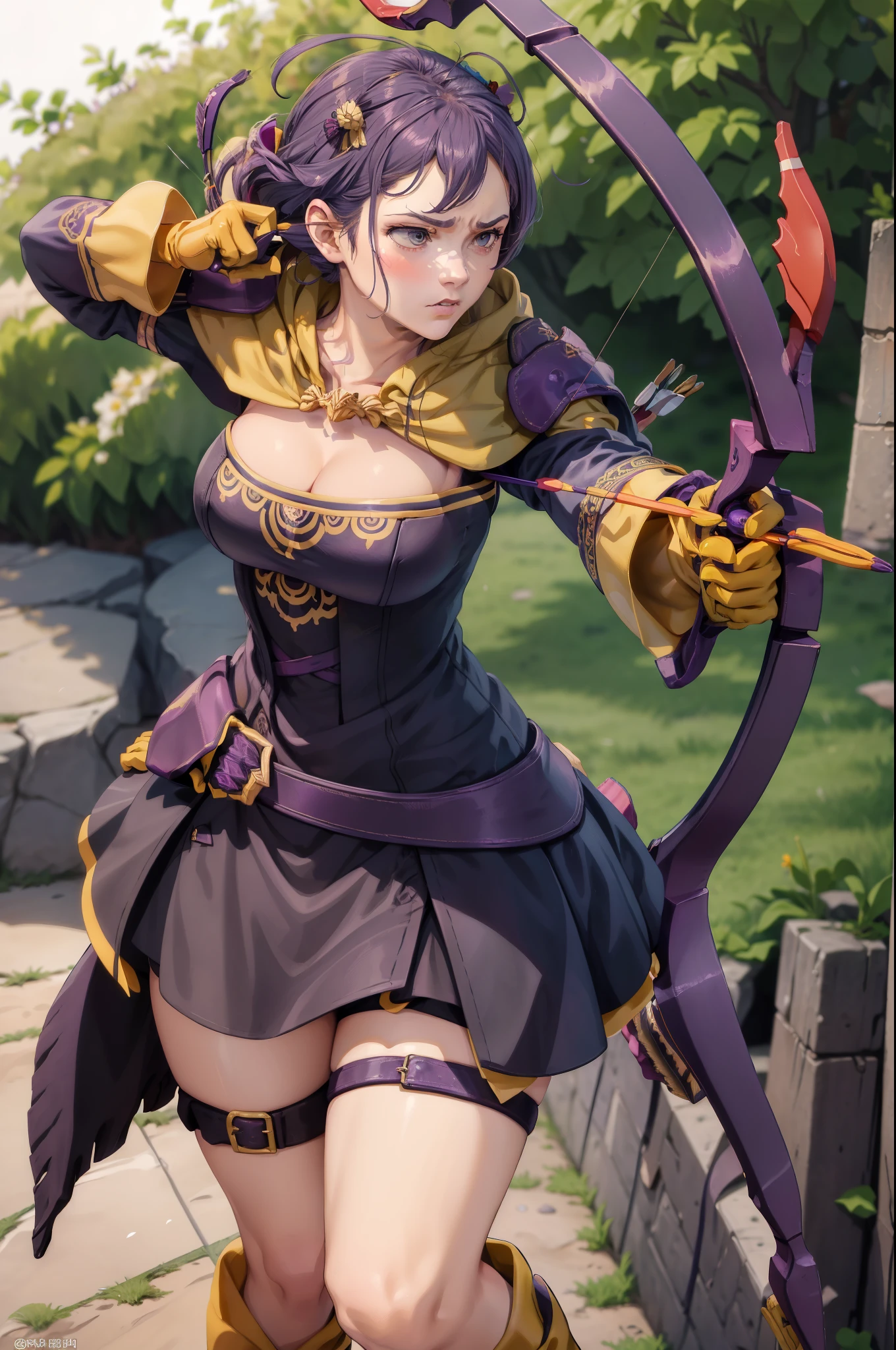 masterpiece, best quality, warBernie, purple dress, cleavage, hair bow, yellow gloves, purple boots, standing, furrowed brow, serious, BowAiming, bow \(weapon\), aiming,  shooting arrow with a longbow