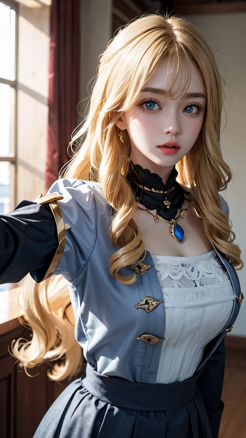 Bob skirt、Uniforms、bright expression、blond，long hair，curls、Young shiny fair skin、Best Looks、blond反射光、耀眼亮点的blond、Shiny blonde hair、Super long silky straight hair、Beautiful shiny bangs、Glowing, crystal clear and charming big blue eyes、Very nice and lovely  girl、plump bust、raise arms、（beside）、Tall、busty girl love