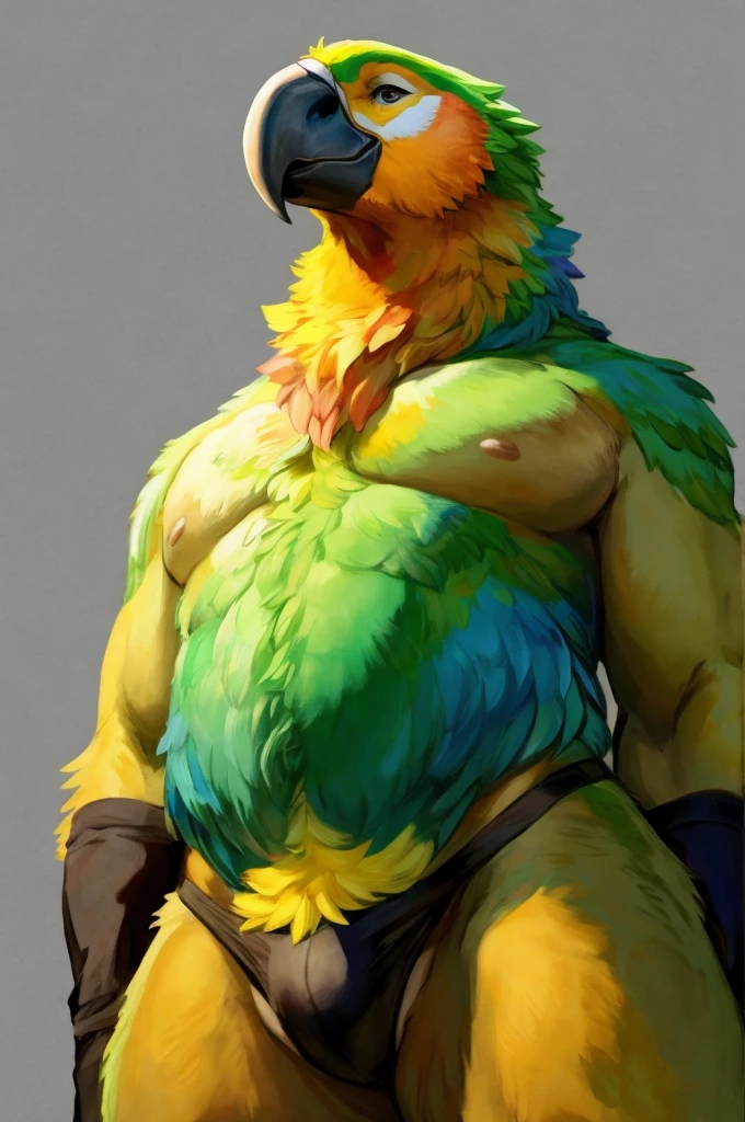 a furry male anthro Parrot standing with his hands behind his back. He is wearing underwear and is depicted in a simple background. The artwork should be in a front view perspective. The image should be of the best quality, with ultra-detailed features and a realistic, photorealistic style. The colors should be vivid and the lighting should create a professional and visually appealing effect. The inspiration for this artwork comes from artists such as bebebebebe,buta99,inu-sama.