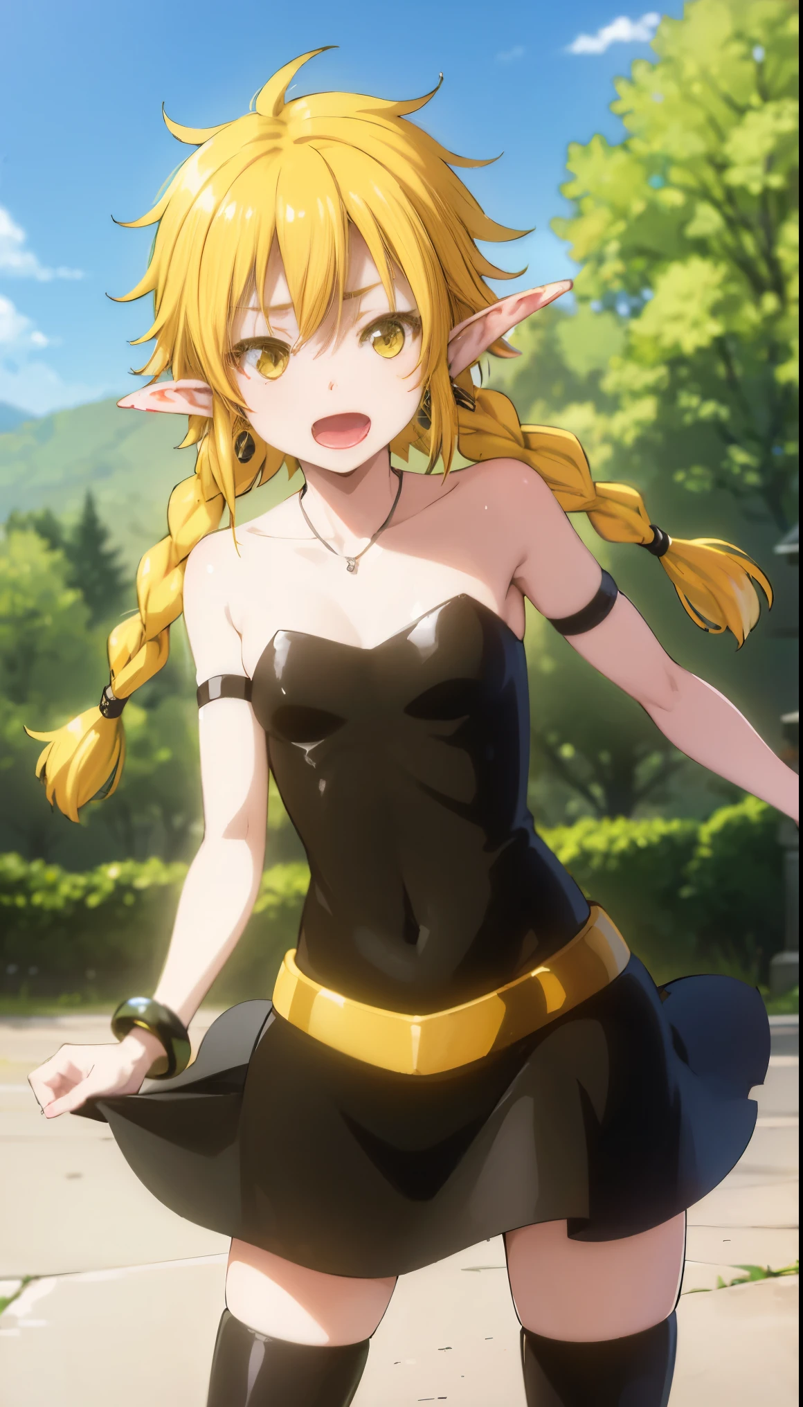 realistic, (4K), Depth of bounds written, (masterpiece), (realistic skin texture), very detailed, Complex, very detailed, professional photography, Bokeh, High resolution, sharp details, highest quality, goblin, black dress, strapless dress, blonde hair, twin braids, long braids, Gold Belt, Black Arm Guard, bangle, yellow eyes, (((goblin wings))), black earrings, outdoor, 