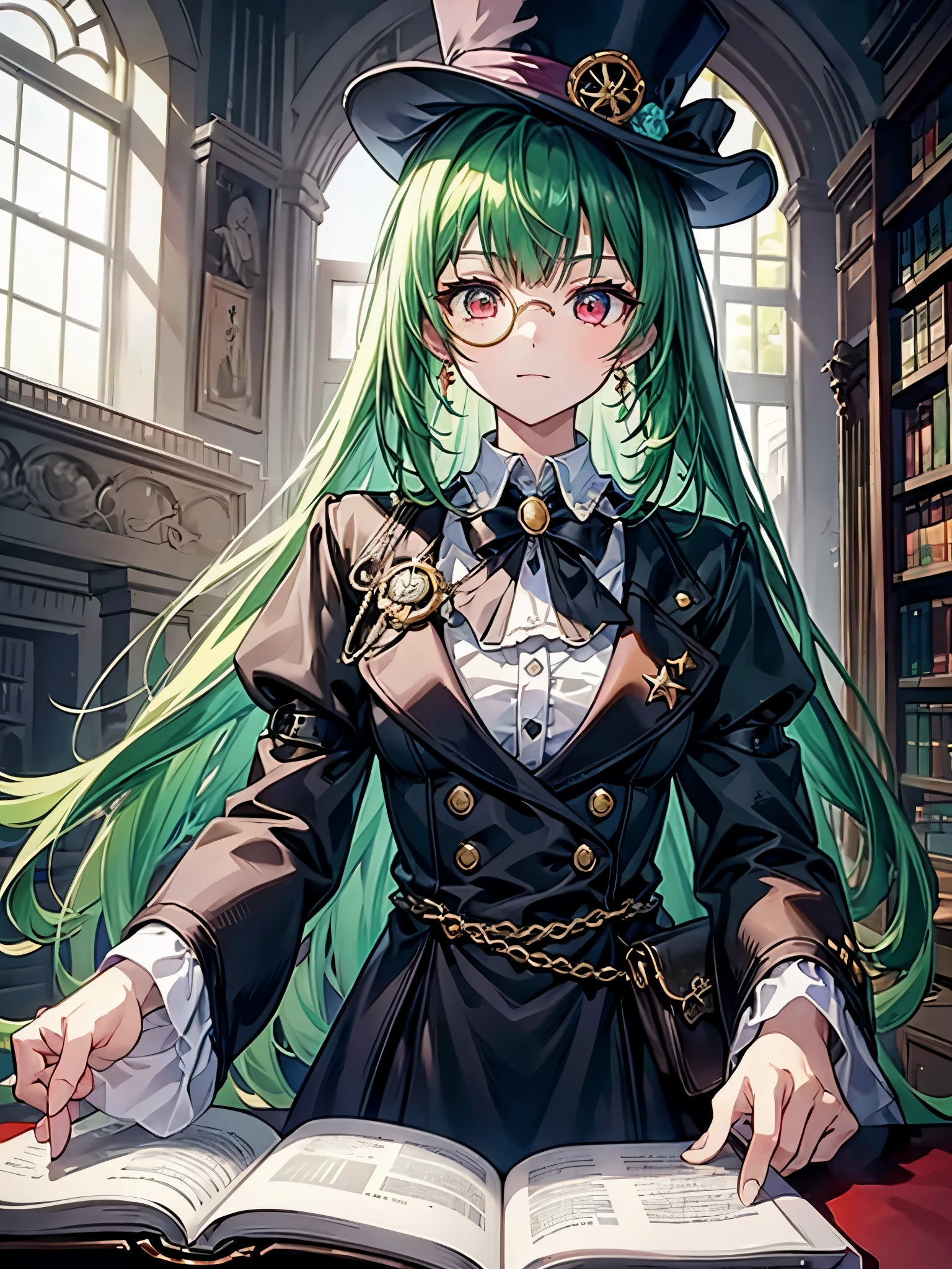 （（（masterpiece、Highest image quality、highest quality、highly detailed unity 8ｋwallpaper）））、（（Illustration of one girl、upper body））、（（（beautiful girl）））、（librarian）、（Emerald green hair、sidelocks：1.2、red eyes、crazy smile）、（（（flat chest）））、（monocle）、pocket watch、（（（Black top hat、tuxedo）））、great medieval library