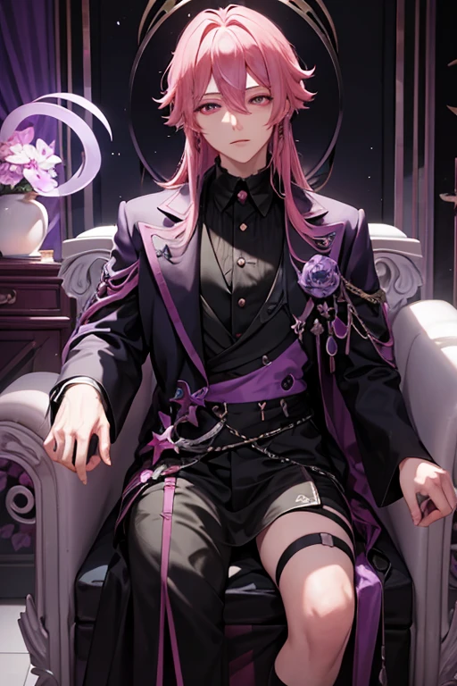 A pink haired handsome male reaper with violet eyes is working next a pink haired queen with violet eyes in a throne room
