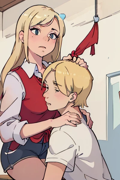 (Highest quality, High resolution), ((Two people)), ((makimacm44 gives fellatio to powercasual:1.4)), girl, (bukkake:1.4), ((spread legs:1.4)), futanari, fellatio, (Power, powercasual, cross-shaped pupils, blonde long hair, red shirt, long sleeves, denim shorts), (makimacm44, ringed yellow eyes, red long hair, bangs, white shirt, sidelocks, black pants, braided ponytail, black necktie)