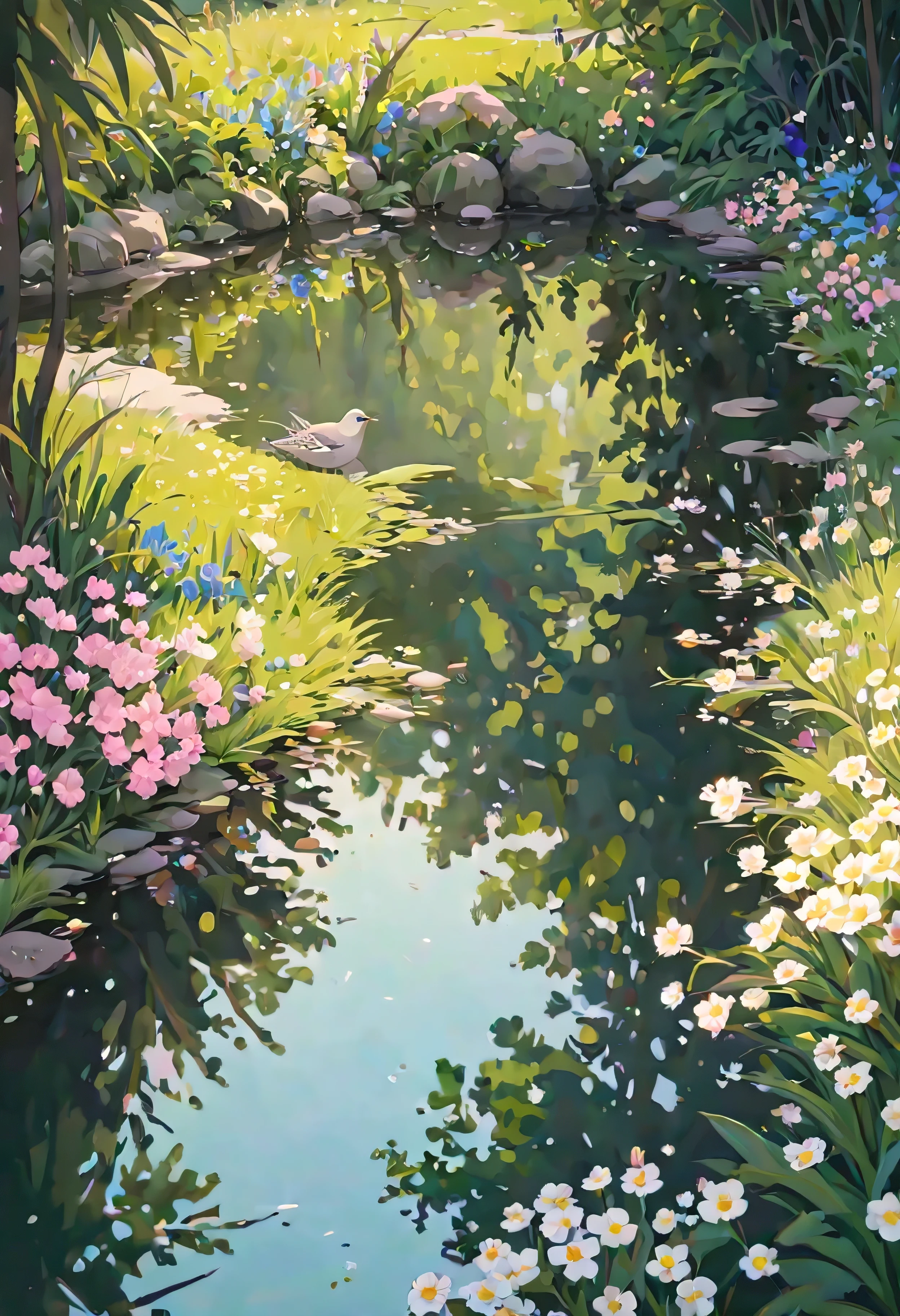 ((soft_color_painting:)1.5), ((soft_color_tones):1.4), ((crystal clear water reflection background):1.3), ((soft color flowers):1.4)),((bird eye view of a flower garden):1.2),((Movie-like still images and dynamic angles):1.3), ((cool and beautiful shadow silhouette):1.1), Gouache with intricate details, Add a touch of realism to this visually detailed and stylistically diverse masterpiece, Detailed brushstrokes have been enhanced, Careful brushwork creates an atmosphere, Utilize delicate yet powerful brushstroke techniques, Create an enchanting atmosphere. highly detailed gouache, ((Unparalleled sharpness and clarity):1.1), ((Radiosity rendered in stunning 32K resolution):1.3), All captured with sharp focus.