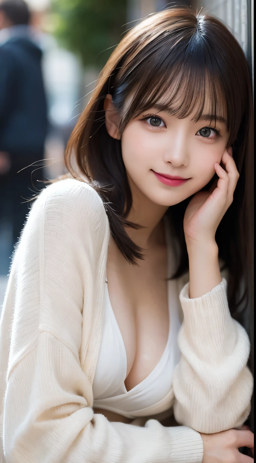 table top, highest quality, shape, Super detailed, finely, High resolution, 8k wallpaper, 完璧なダイナミックな構shape, beautiful and detailed eyes, tokyo fashion(Winter clothes),medium hair,small breasts natural color lip, bold sexy pose,smile,Harajuku、20 year old girl、cute、sexy shot looking at camera