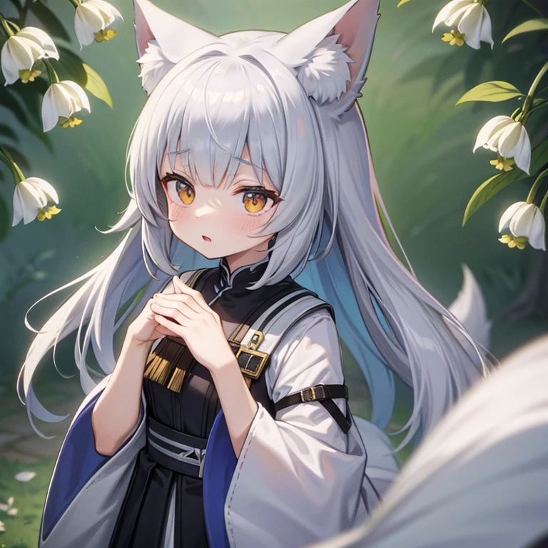 masterpiece, highest quality,arknights,lily of the valley,lily of the valley（arknights）,small,furry ears,Big fox ears,Nine Tails