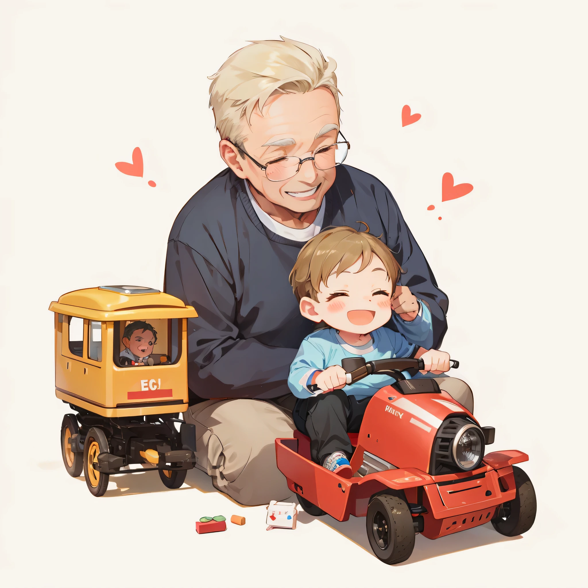 ( boy and old man:1.2), toy. play together.side by side.sitting.bright and cheerful smile.heart.game.heart-warming atmosphere.train toy.masterpiece,high quality