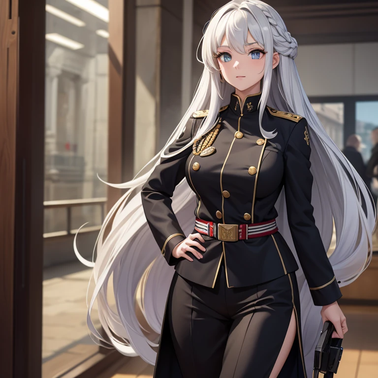 (masterpiece,8K)A long shot of a beautiful girl with long silver hair and large bust standing in military uniform.