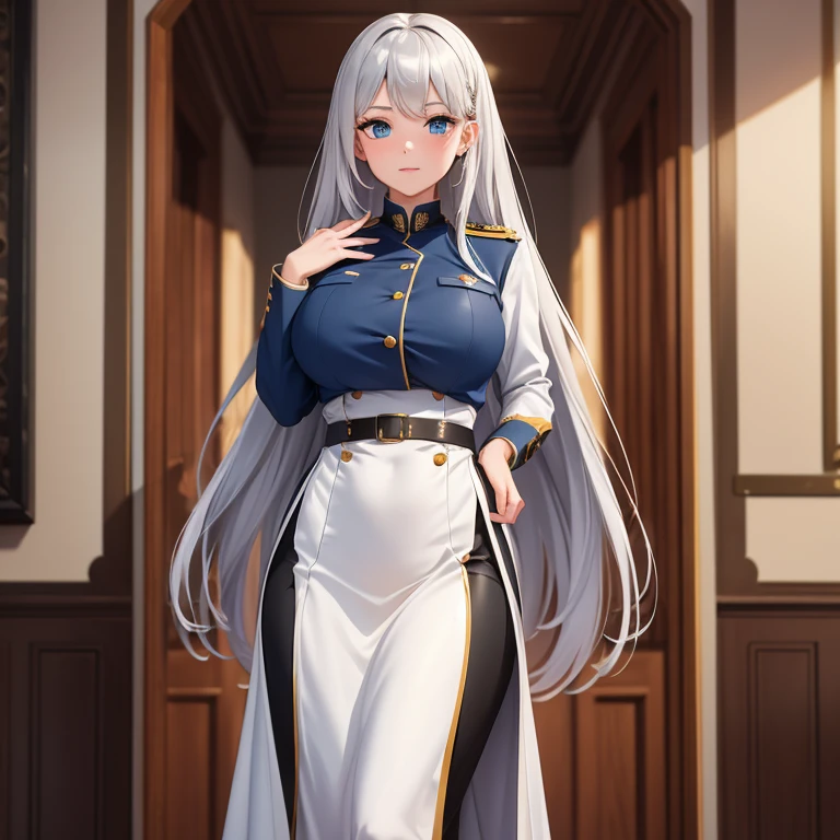 (masterpiece,8K)A long shot of a beautiful girl with long silver hair and large bust standing in military uniform.