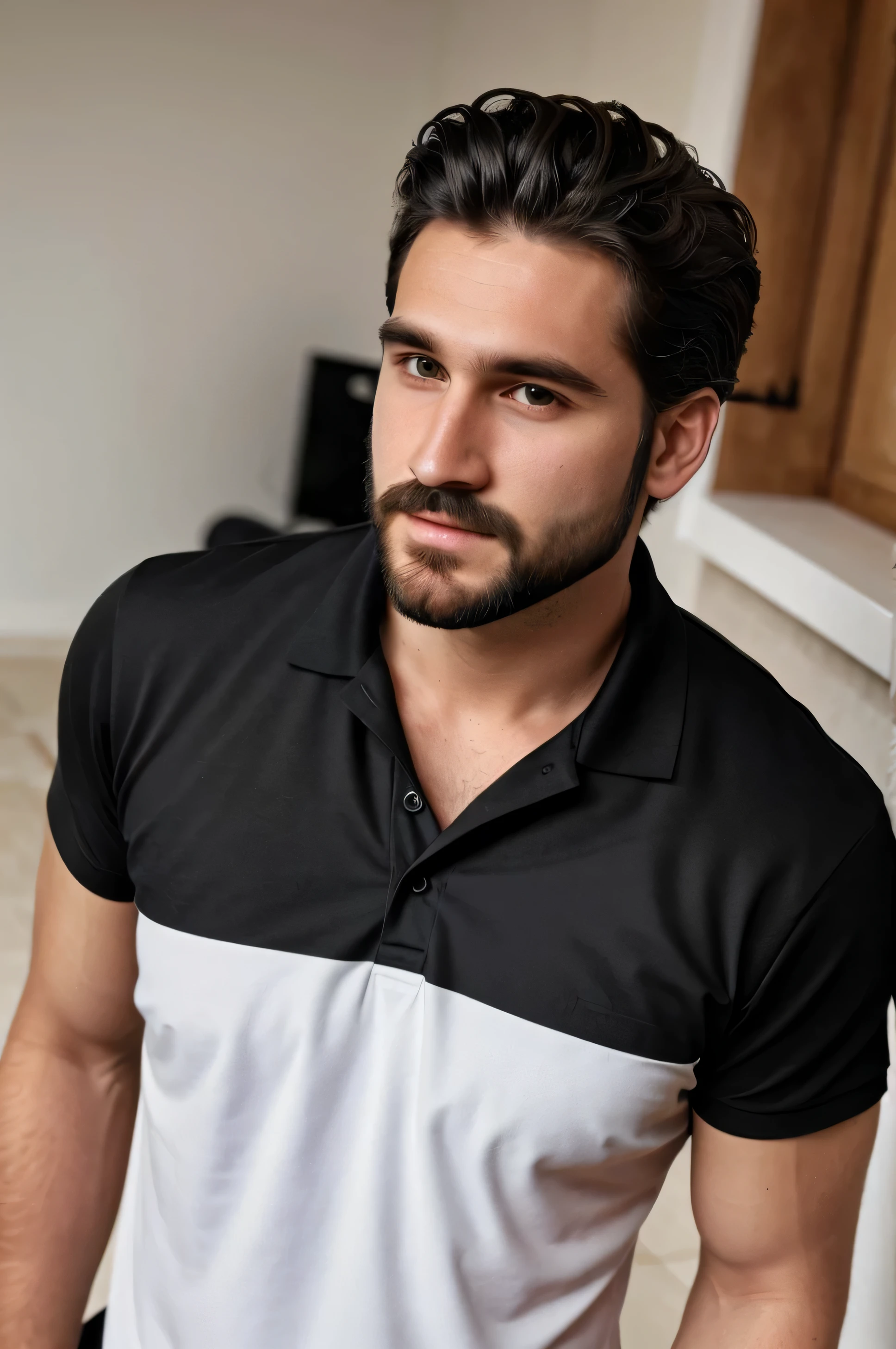 handsome man, modern hair, little beard, age 30, black polo shirt, 8k real face, ultra realistic, perfect facial details, centered image