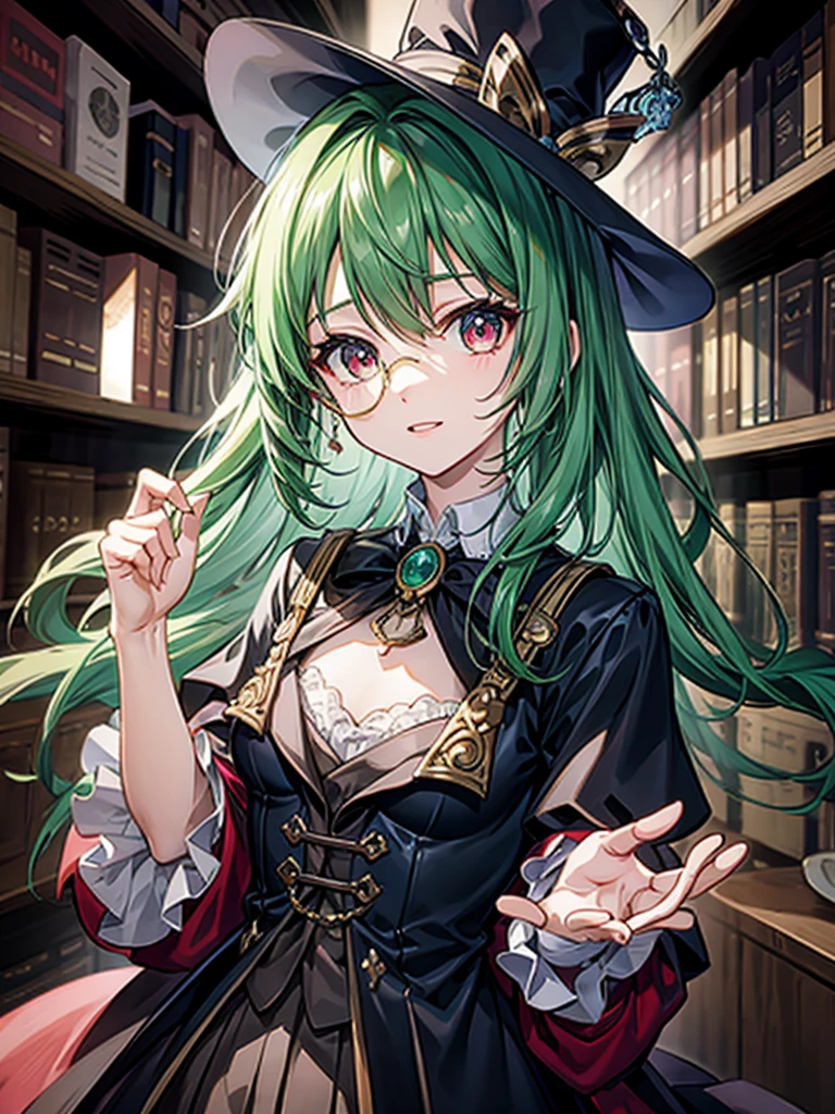 （（（masterpiece、Highest image quality、highest quality、highly detailed unity 8ｋwallpaper）））、（（Illustration of one girl、upper body））、（（（beautiful girl）））、（librarian）、（Emerald green hair、sidelocks：1.2、red eyes、crazy smile）、（（（flat chest）））、（monocle）、pocket watch、（（（Black top hat、tuxedo）））、great medieval library