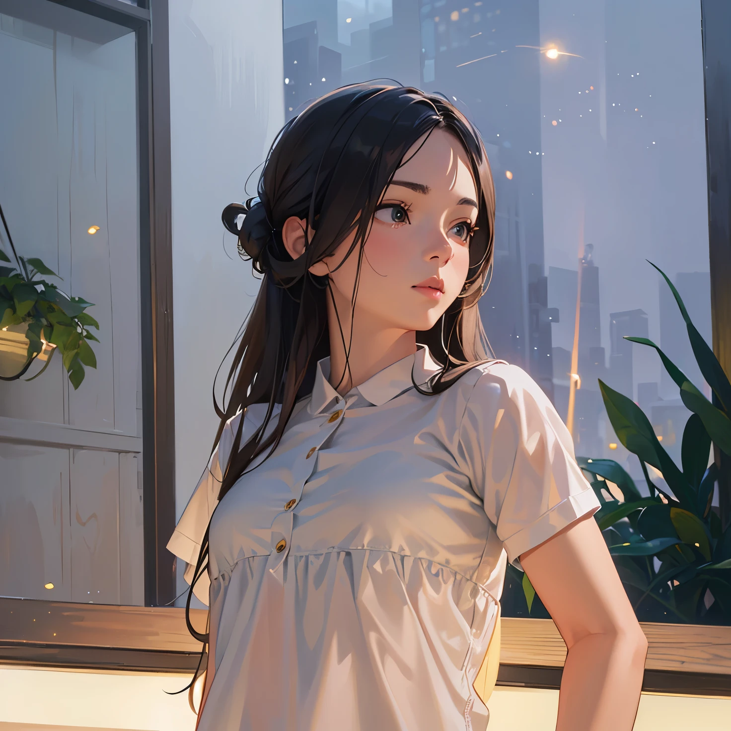 (8k, top quality, masterpiece: 1.2), (realistic, photorealistic: 1.37), super detail, one girl, wide angle of view, firefly garden, lots of small faint light and fireflies flying around, night