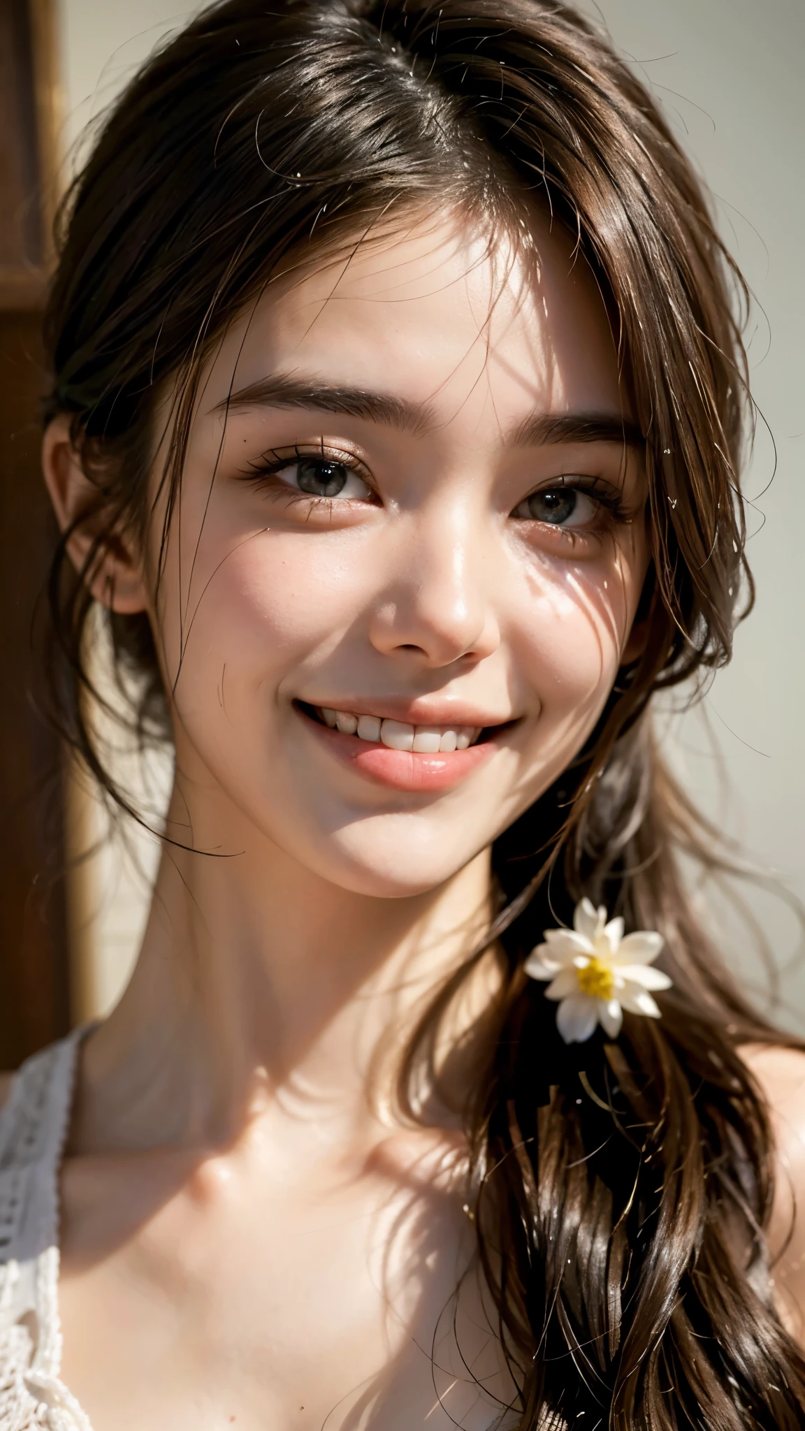 highest quality, masterpiece, ultra high resolution, (realistic:1.5), (close portrait) Raw photo, 1 girl, 22 years old,Face super close-up,face reflected in the mirror,Super close-up photo,just out of the bath,face moisturizing cream,Fine, clean skin,transparent skin,(smile),((smiling showing teeth))masterpiece, realistic pictures, japanese pictures, saturation, contrast, long hair
