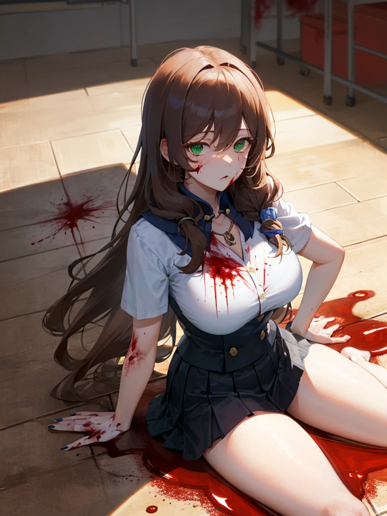 (lie on the ground on your back:1.2), (being dragged:1.2), Lisa, genshin impact, 1 girl, alone, ((school uniform)), barefoot, big breasts, cleavage, uniform, ((Killed)), ((From above)), (cinematic lighting), (put one's body on the ground), ((Sea of Blood)), ((Bloody ground)), dutch angle, ((blood overflows from the body)), ((blood on their clothes)), ((Expressionless)), ((Open your eyes)), (((horror))), office background, black skirt, pleated skirt, office, hair between eyes, messy hair, big breasts, long hair, looking at the viewer, brown hair, red short nails, green eyes, alone, ((thin膝, thick thighs, long slender legs)), stretch your legs, very long hair, ((masterpiece)), classroom, board, class board, thin, Beautiful woman