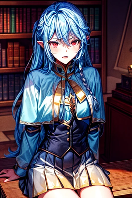 a woman sitting on a table in a library with a bookcase, alluring princess knight, female anime character, hestia, keqing from genshin impact, inspired by Li Chevalier, kantai collection style, anime character, portrait knights of zodiac girl, dressed like a cleric,red eyes, long white hair (Straight) alchemist girl