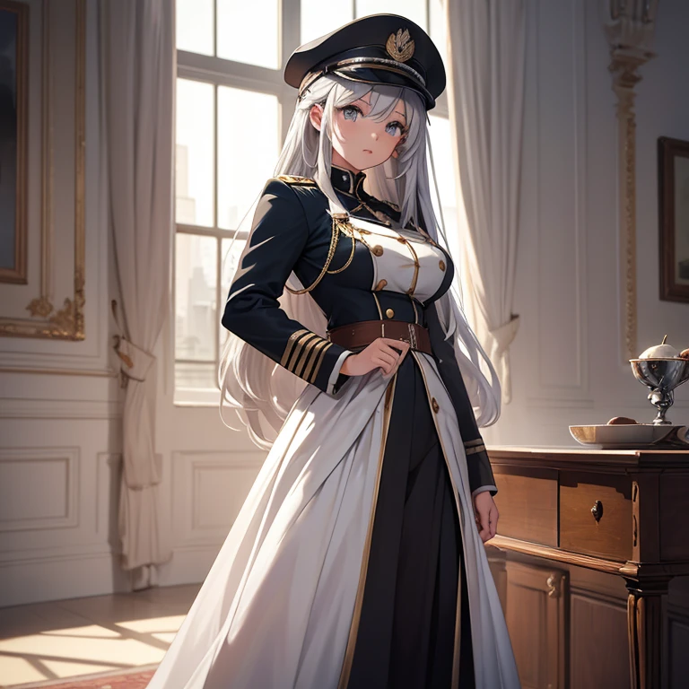 （masterpiece,8K）A long shot of a beautiful girl with long silver hair and large bust standing in military uniform.