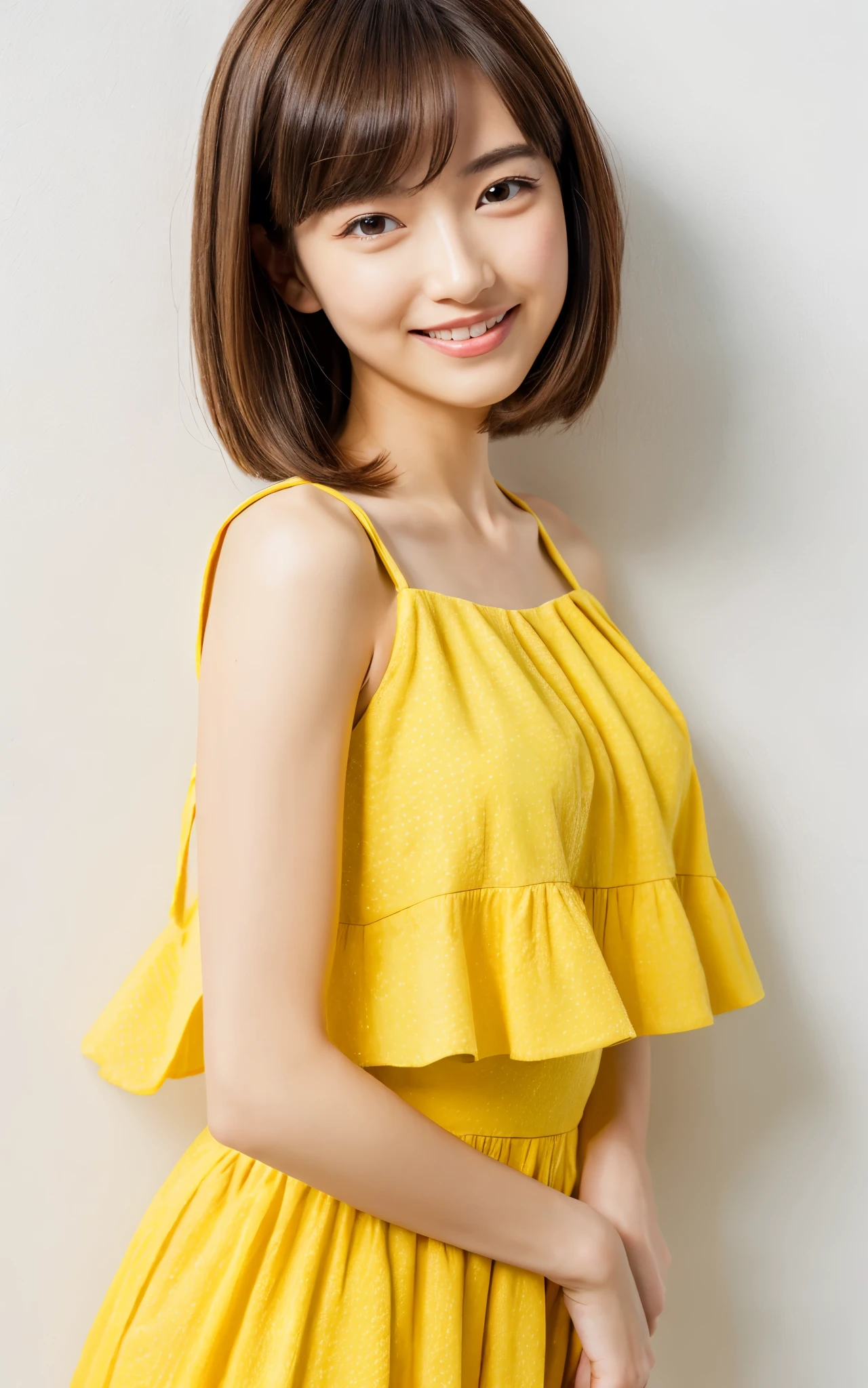 ((of the highest quality, 8K, masutepiece: 1.3)), Beauty, 1 Japan Girl, full body, standing, light smile, dark brown hair, bob hair, straight hair, 24 years old, Detailed face, very detailed lips, Detailed eyes, Double eyelids, Sweaty skin: 1.2, (cocktail dress, yellow dress, long dress, sandals), pinching the skirt, white background,