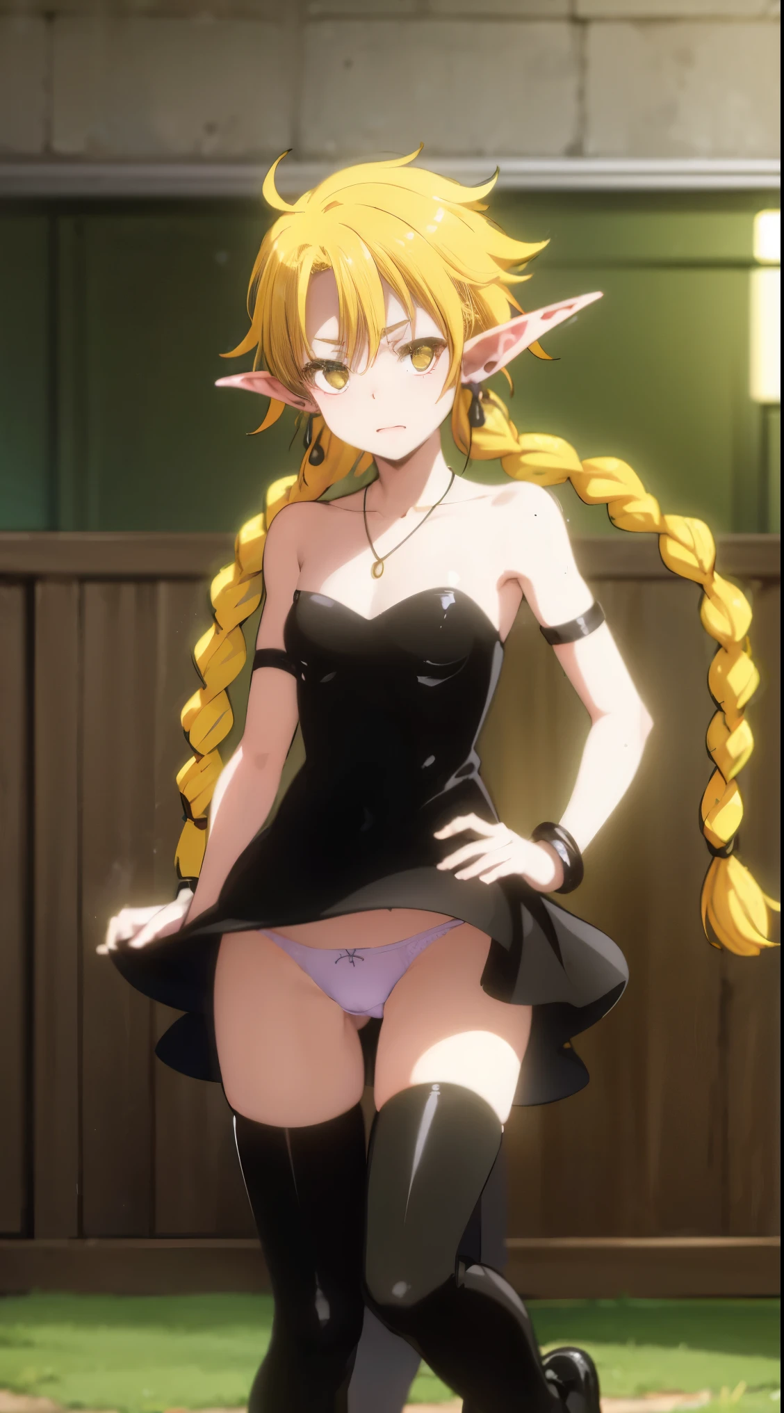 realistic, (4K), Depth of bounds written, (masterpiece), (realistic skin texture), very detailed, Complex, very detailed, professional photography, Bokeh, High resolution, sharp details, highest quality, goblin, black dress, strapless dress, blonde hair, twin braids, long braids, Gold Belt, Black Arm Guard, bangle, yellow eyes, (((goblin wings))), black earrings, outdoor, ,white lace panties ,in the birdcage,