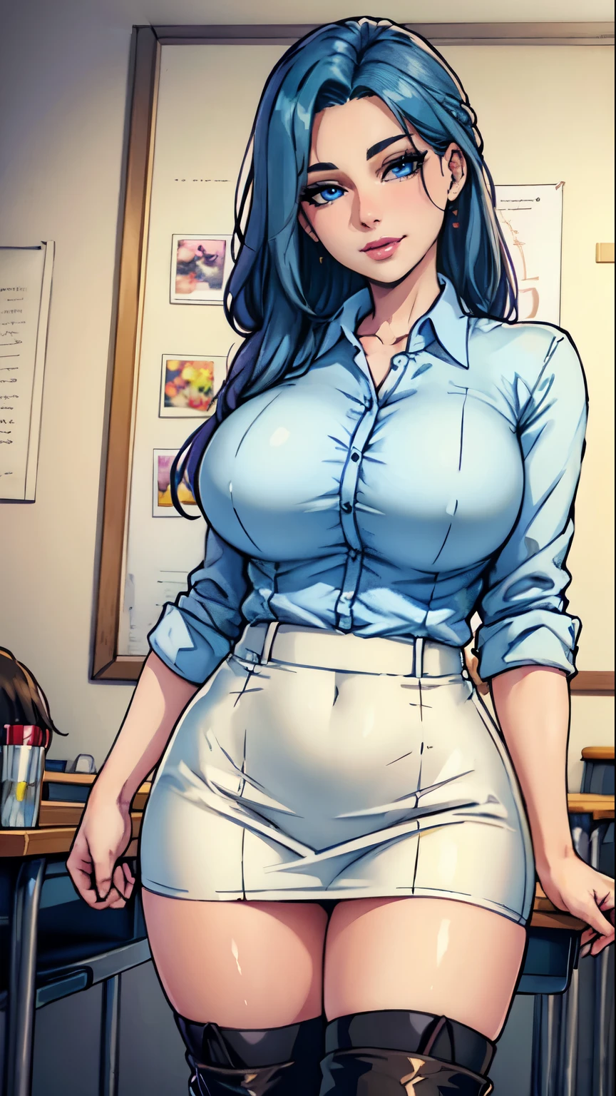 Masterpiece, raw, beautiful art, professional artist, 8k, art style by sciamano240, very detailed face, very detailed hair, 1 mature woman, perfectly drawn body, beautiful face, long hair, light blue hair , very detailed blue eyes, pouty lips , rosey cheeks, intricate details in eyes, playful smile, looking directly at viewer , in love with viewer expression, wedding ring , lipstick, very close up on face, sunny fall day, teaching in class, wearing sexy teacher clothes, classroom, shirt, pencil skirt, thigh boots, standing in front of black board,
