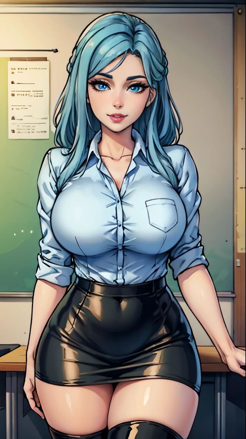 Masterpiece, raw,  beautiful art, professional artist, 8k, art style by sciamano240, very detailed face, very detailed hair, 1 mature woman, perfectly drawn body, beautiful face, long hair, light blue hair , very detailed blue eyes, pouty lips , rosey cheeks, intricate details in eyes, playful smile, looking directly at viewer , in love with viewer expression, wedding ring , lipstick, very close up on face, sunny fall day, teaching in class, wearing sexy teacher clothes, classroom, shirt, pencil skirt, thigh boots, standing in front of black board, 