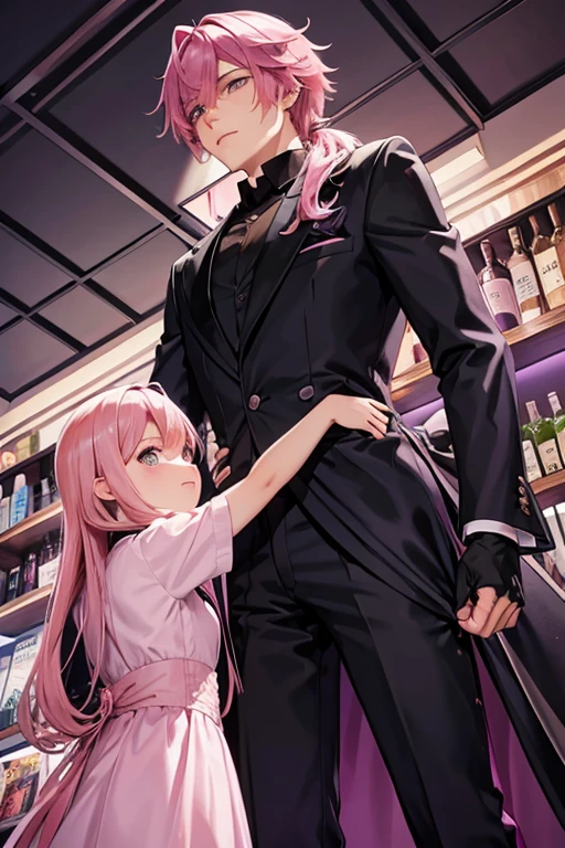 A pink haired handsome male reaper with violet eyes is helping a pink haired girl reach the top shelf
