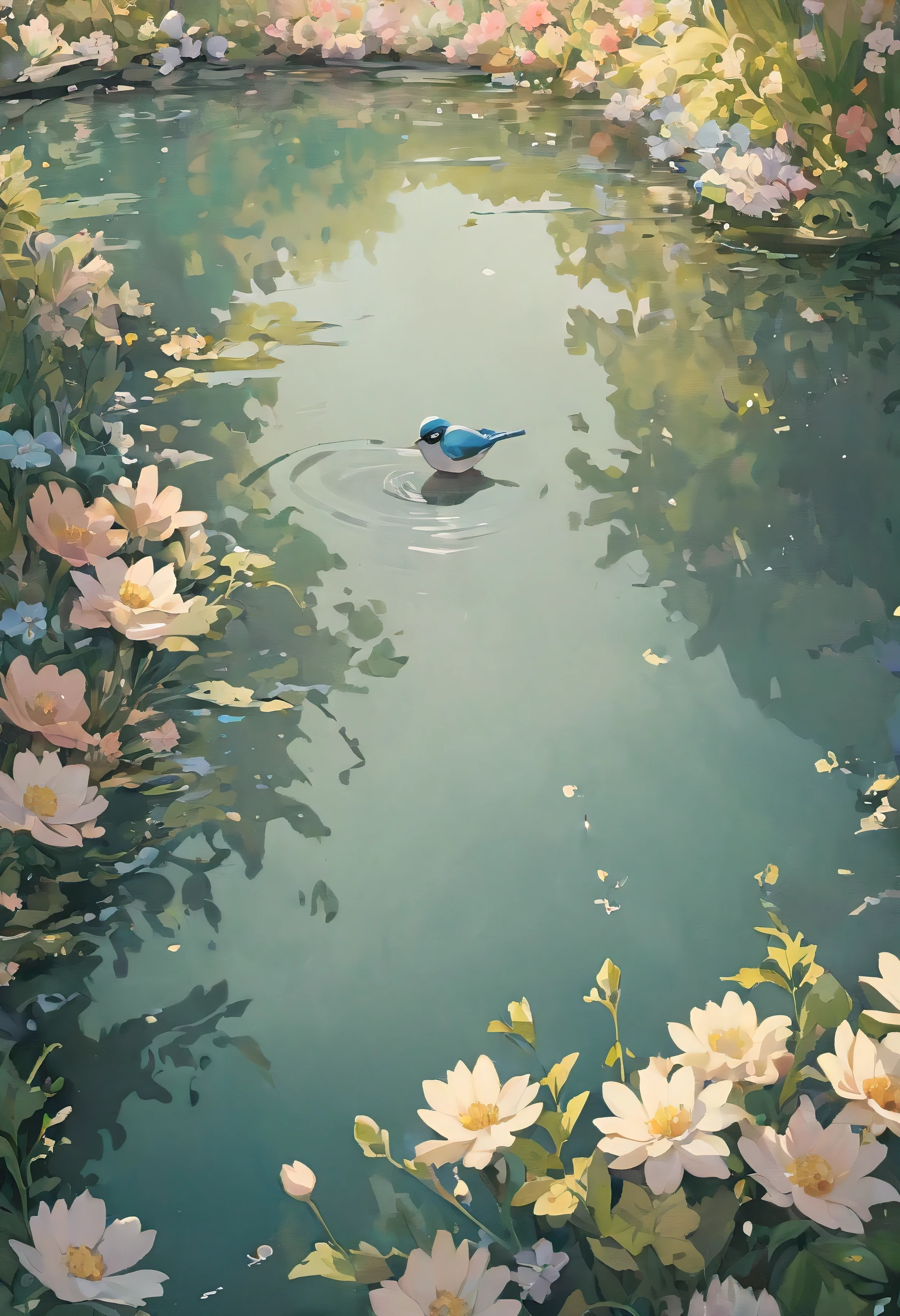 ((soft_color_painting:)1.5), ((soft_color_tones):1.4), ((crystal clear water reflection background):1.3), ((soft color flowers):1.4)),((bird eye view of a flower garden):1.2),((Movie-like still images and dynamic angles):1.3), ((cool and beautiful shadow silhouette):1.1), Gouache with intricate details, Add a touch of realism to this visually detailed and stylistically diverse masterpiece, Detailed brushstrokes have been enhanced, Careful brushwork creates an atmosphere, Utilize delicate yet powerful brushstroke techniques, Create an enchanting atmosphere. highly detailed gouache, ((Unparalleled sharpness and clarity):1.1), ((Radiosity rendered in stunning 32K resolution):1.3), All captured with sharp focus.
