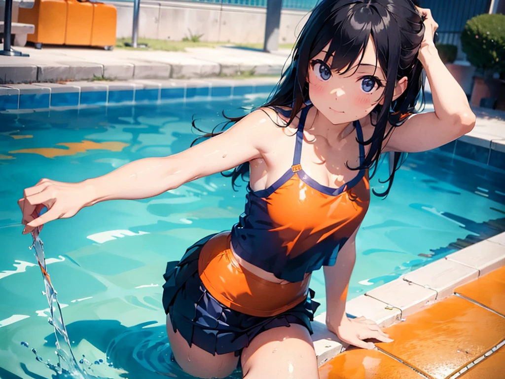 (masterpiece:1.3),highest quality,(realistic:1.2),(all fours pose:1.2),(swimsuit(Super soaked,(navy blue mini skirt,(Orange camisole))):1.2),indoor pool(water is slimy),ぬるぬるローションでSuper soaked,