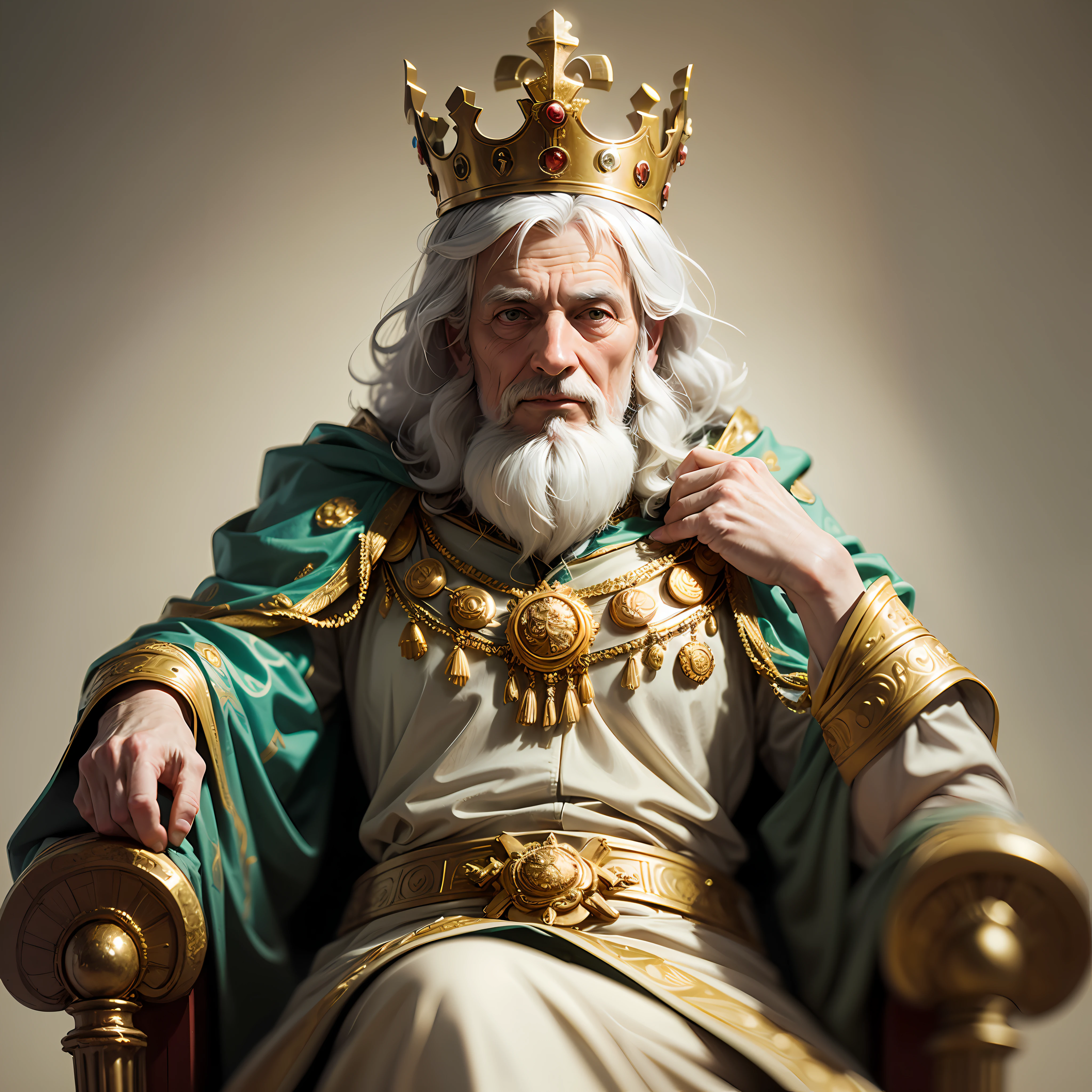 Old man, king of Israel, crown, tunic, 400 BC, sitting on a throne, ancient (Masterpiece: 1.0), (Best quality: 1.4), (Ultra high resolution: 1.2), (soft focus: 1.4), (sharp focus: 1.4), detailed face, (dark short hair), laurel wreath --auto