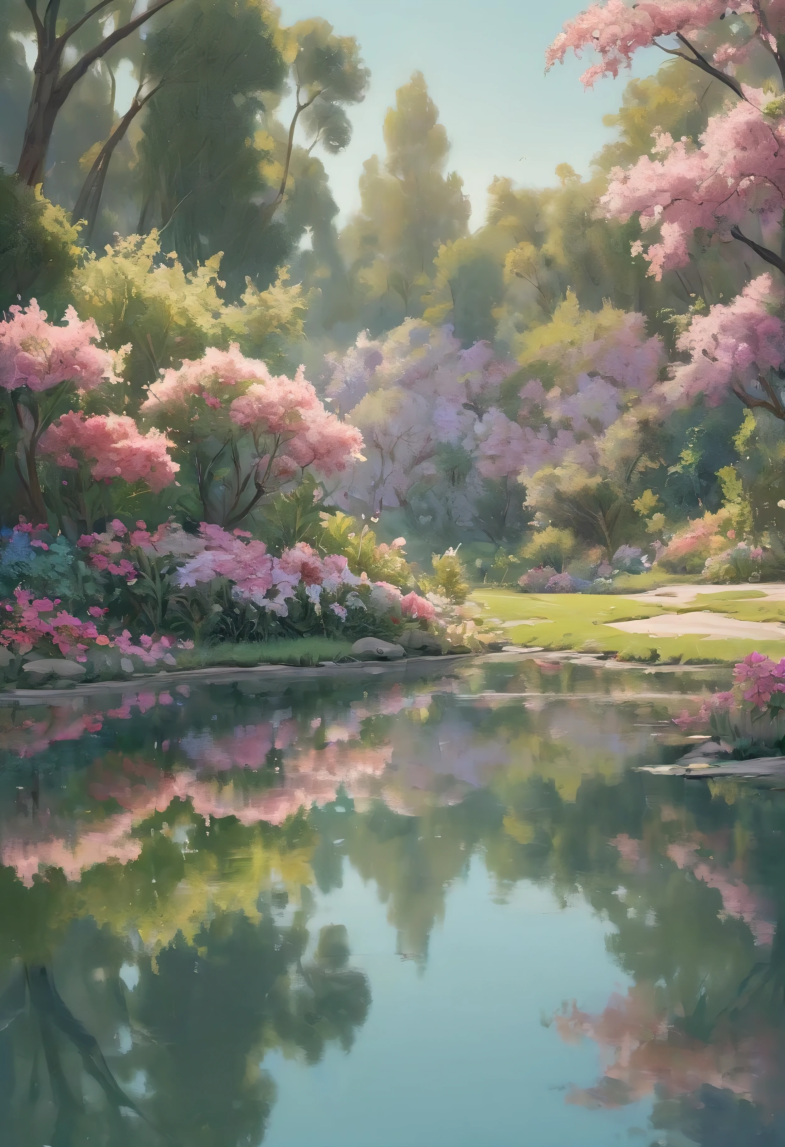 ((soft_color_painting:)1.5), ((soft_color_tones):1.4), ((crystal clear water reflection background):1.3), ((soft color flowers):1.4)),((bird eye view of a flower garden):1.2),((Movie-like still images and dynamic angles):1.3), ((cool and beautiful shadow silhouette):1.1), Gouache with intricate details, Add a touch of realism to this visually detailed and stylistically diverse masterpiece, Detailed brushstrokes have been enhanced, Careful brushwork creates an atmosphere, Utilize delicate yet powerful brushstroke techniques, Create an enchanting atmosphere. highly detailed gouache, ((Unparalleled sharpness and clarity):1.1), ((Radiosity rendered in stunning 32K resolution):1.3), All captured with sharp focus.