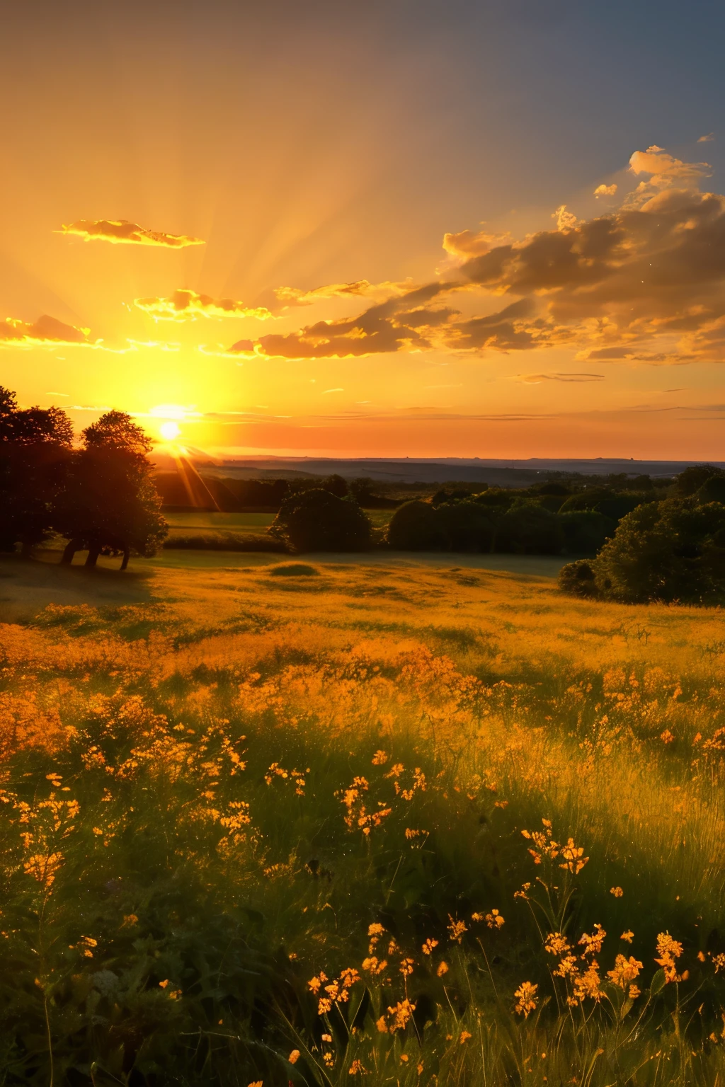 a radiant sunlit scene — a golden meadow bathed in the warm hues of sunrise. The sky is painted with vibrant colors as if heralding the arrival of a new day. The landscape is filled with flowers in full bloom, and butterflies flutter around, symbolizing life and vitality.